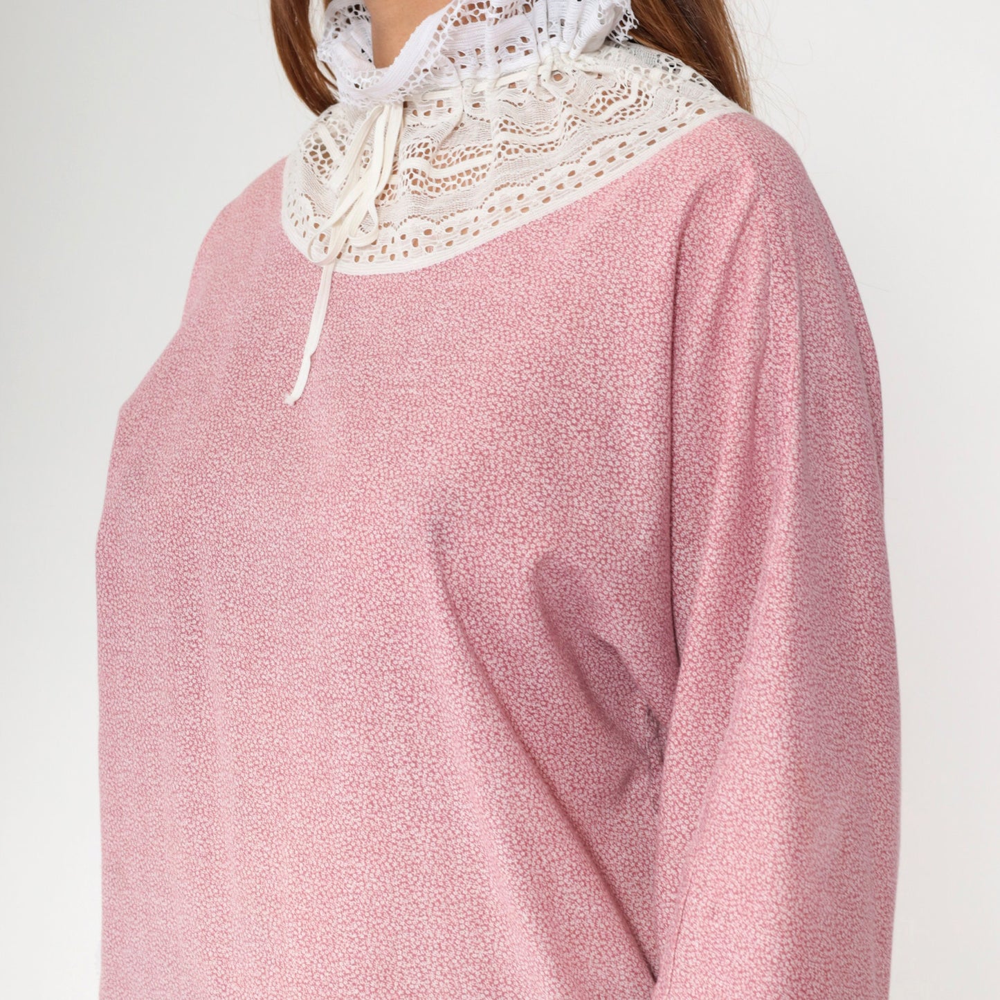 70s Pink Calico Floral Blouse Lace Ruffle Drawstring Neckline Wide Sleeve Medium