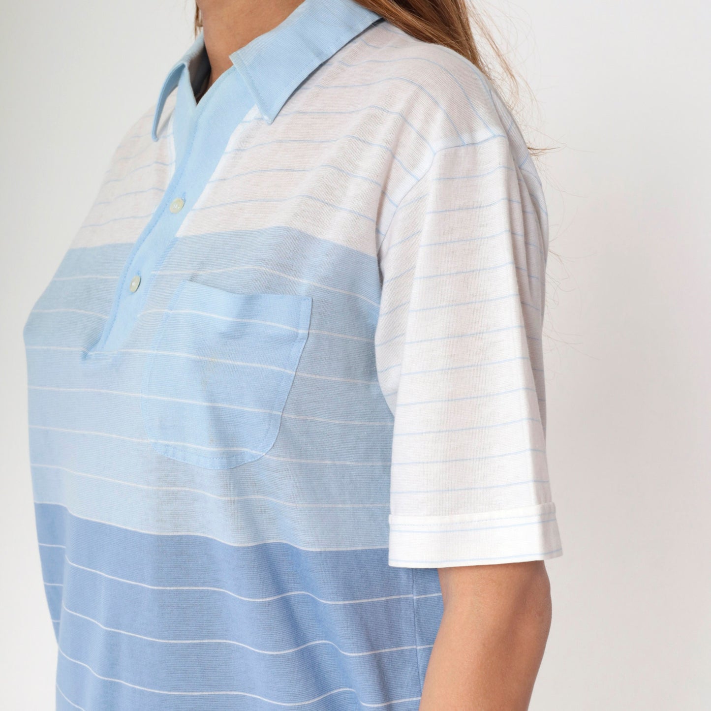 80s Arrow Tournament Striped Polo Shirt Blue White Half Button Medium