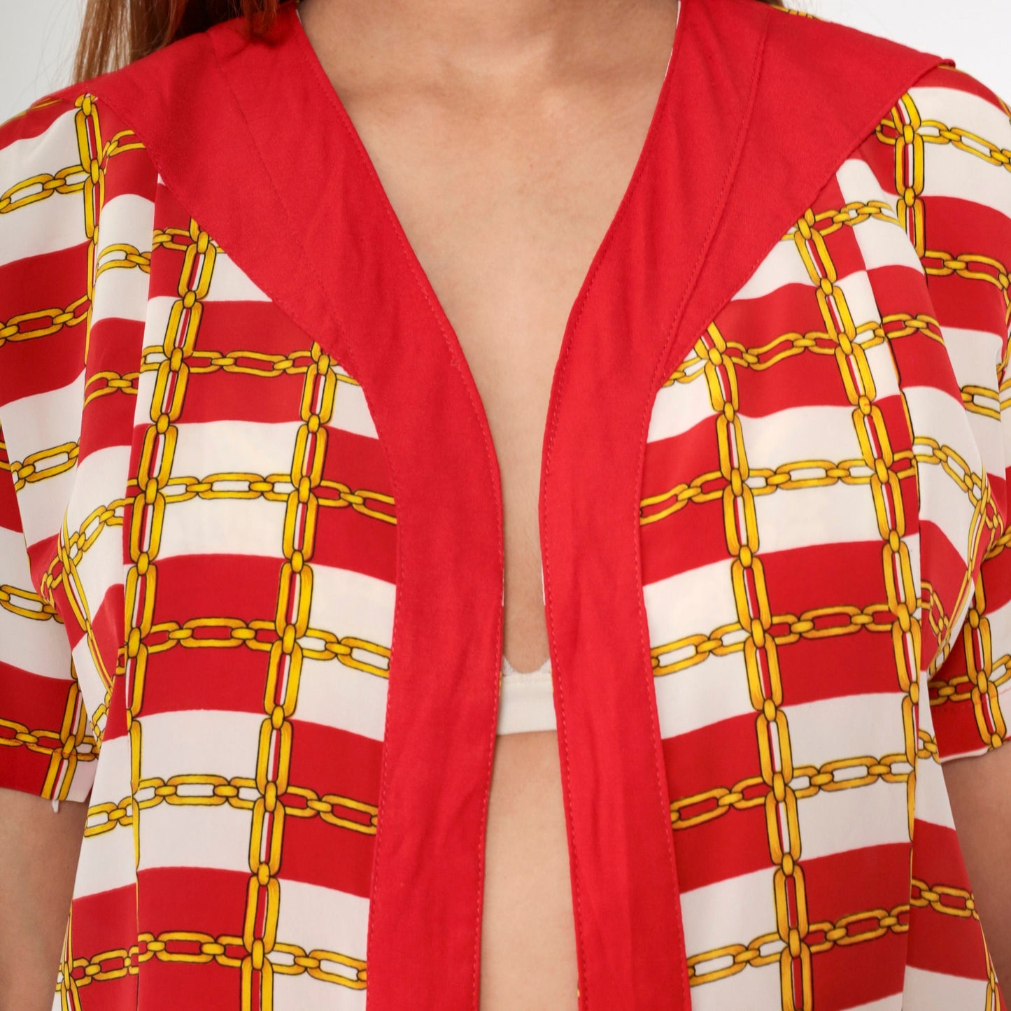 80s Chain-Link Red White Checkered Open Front Blouse Short Sleeve Small Medium