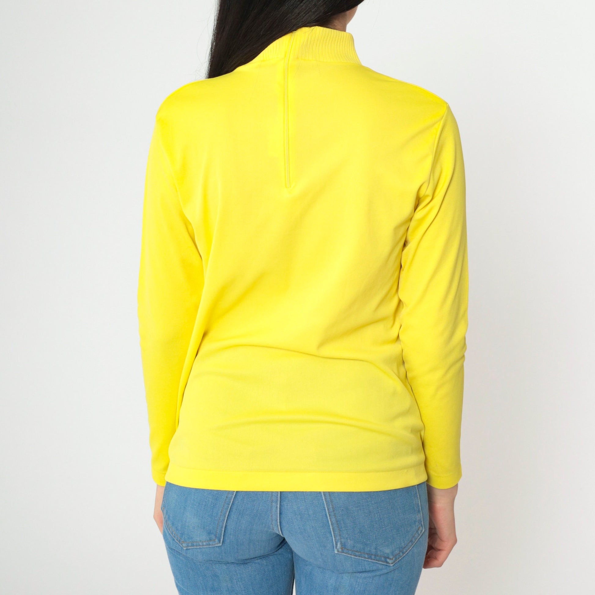 70s Yellow Mock Neck Blouse Long Sleeve Polyester Vintage Shirt Small