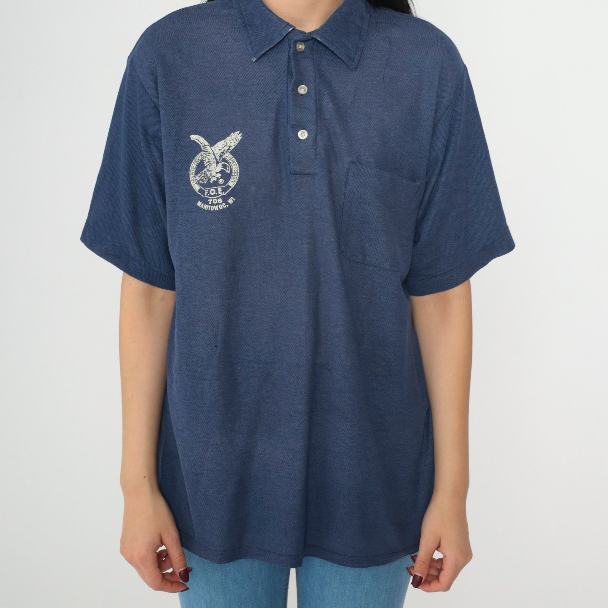 80s Fraternal Order of Eagles FOE Polo Shirt Navy Blue Manitowoc Wisconsin Medium