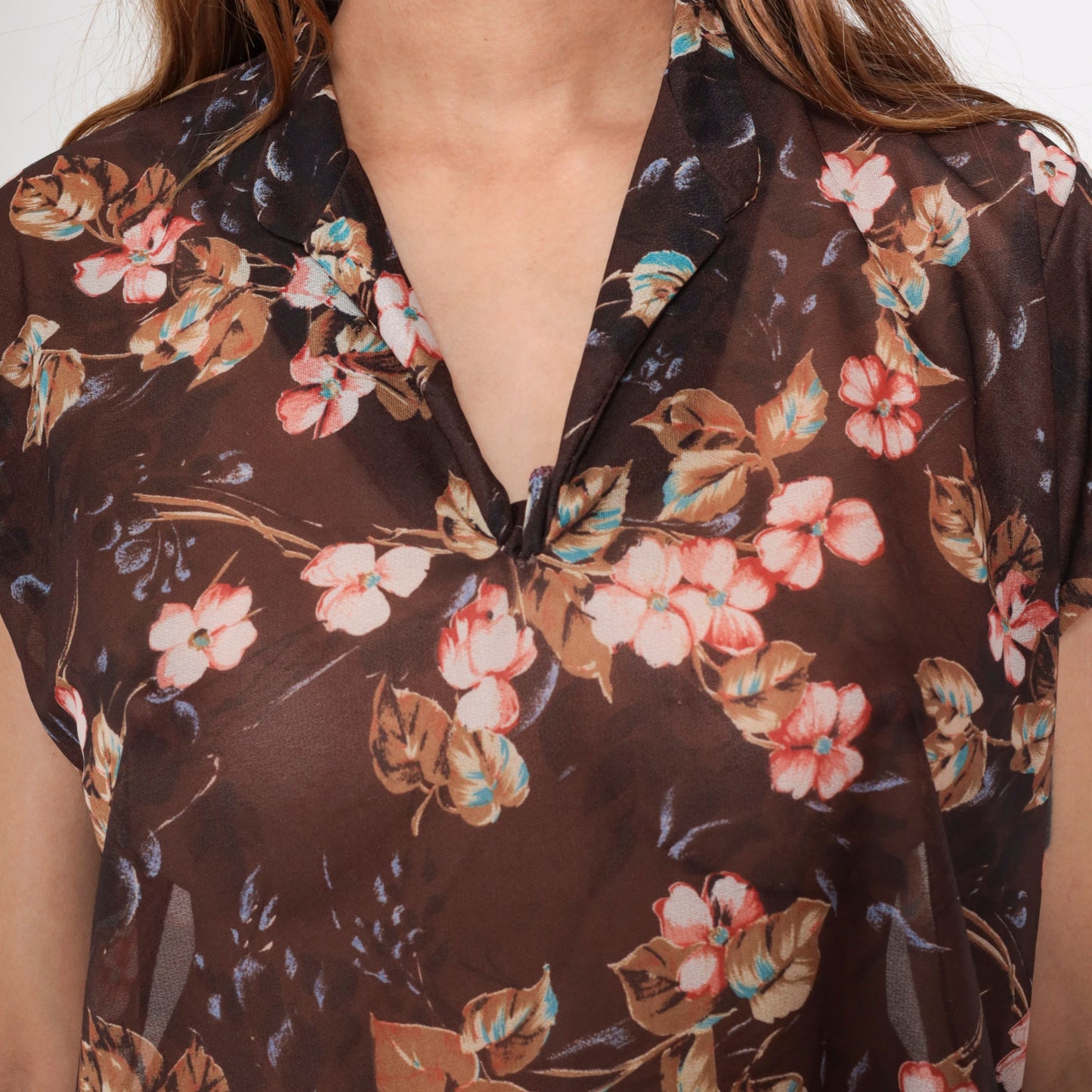 70s Sheer Floral Blouse Tie Sleeve V Neck Brown Pink Shirt Medium Large
