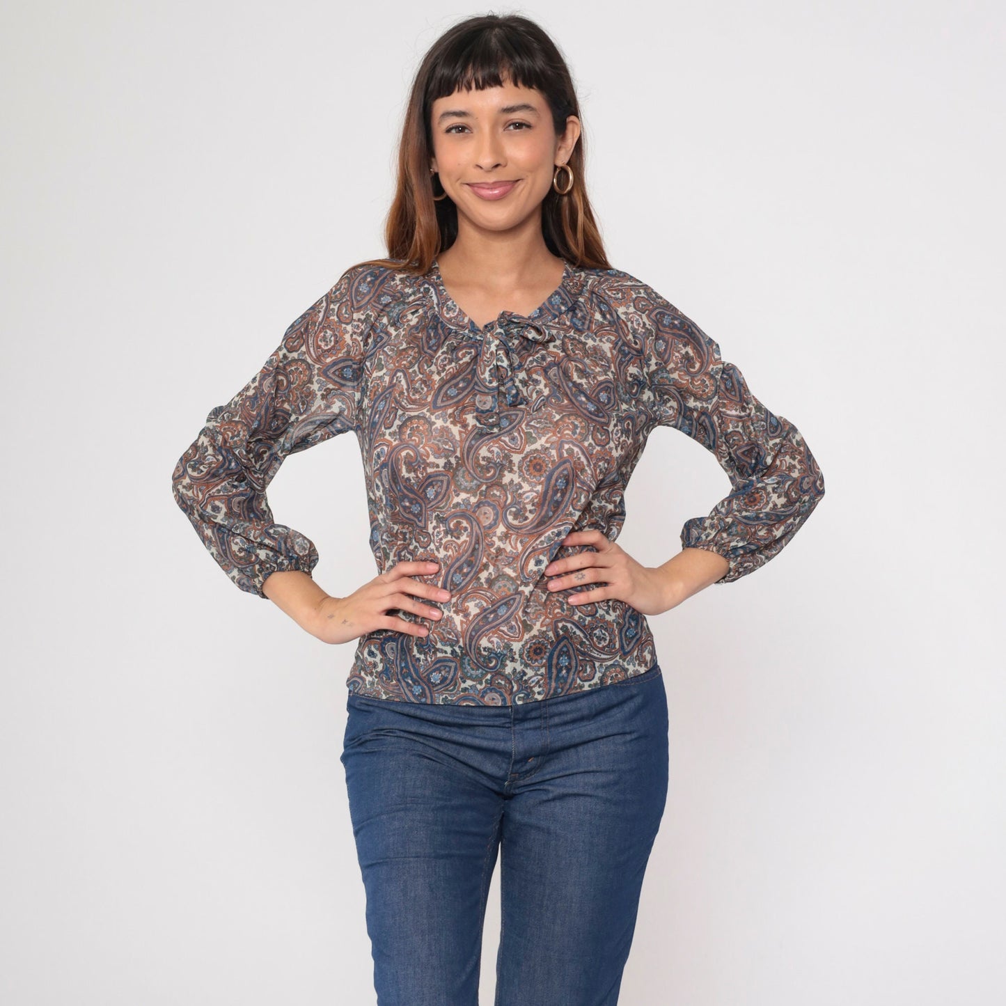 70s Paisley Tie Neck Blouse Sheer Psychedelic Print Orange Blue Small