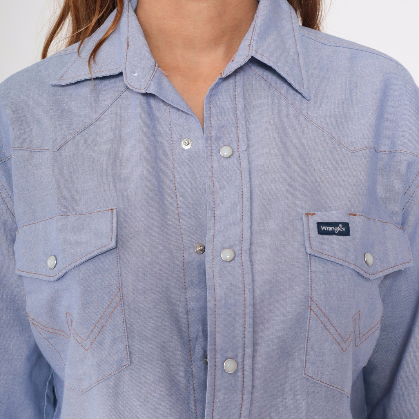 90s Wrangler Chambray Pearl Snap Shirt Blue Denim Long Sleeve Medium