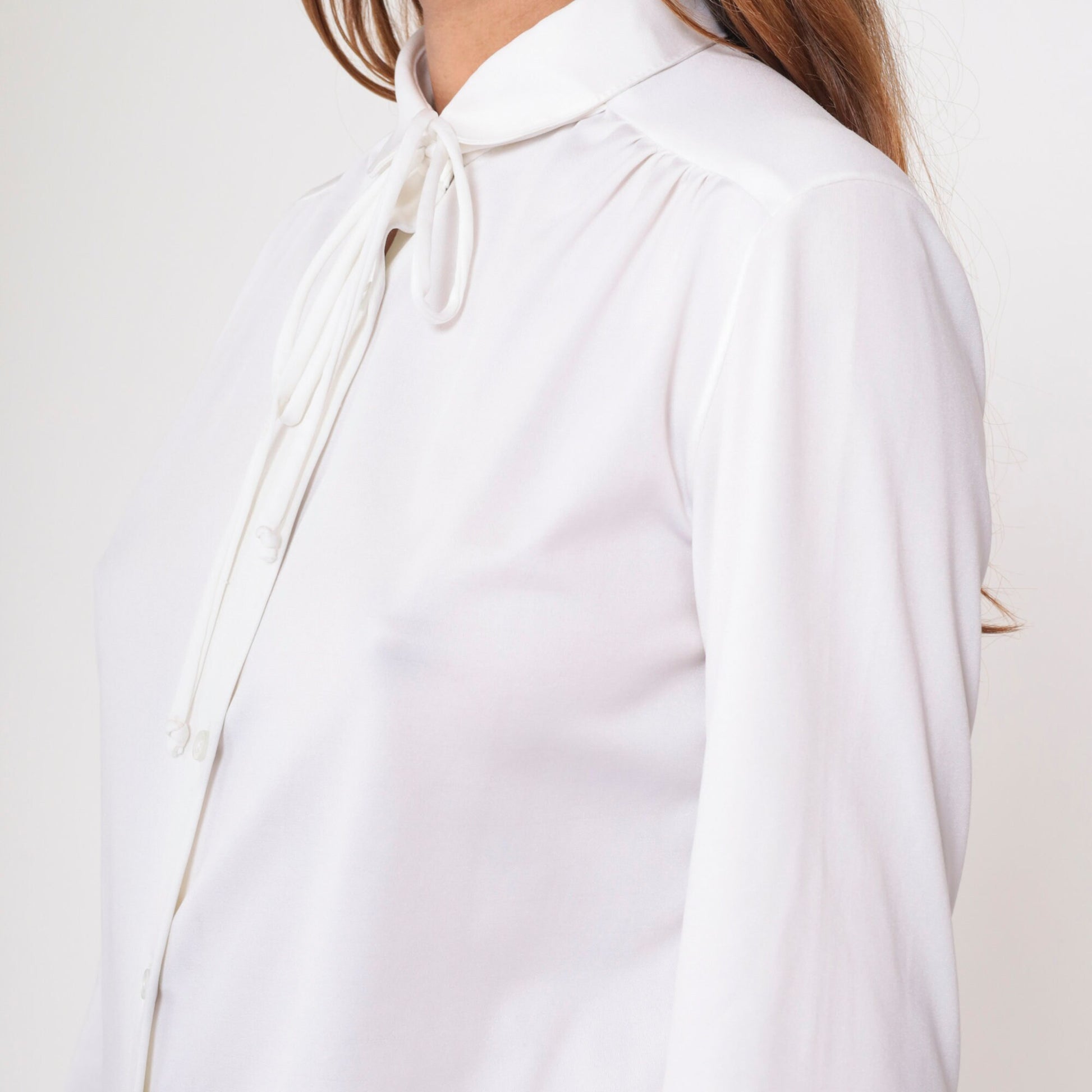 70s White Necktie Blouse Button-Up Long Sleeve Ascot Shirt Medium Large