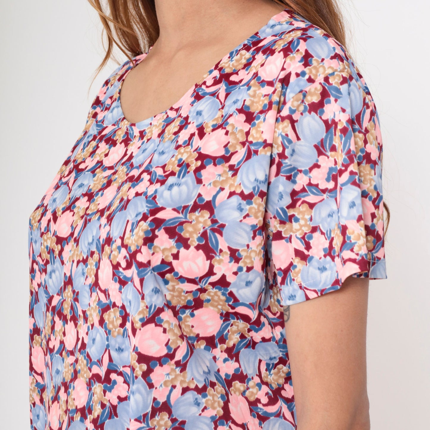 70s Floral Print Blouse Pink Blue Burgundy Short Sleeve Top Large