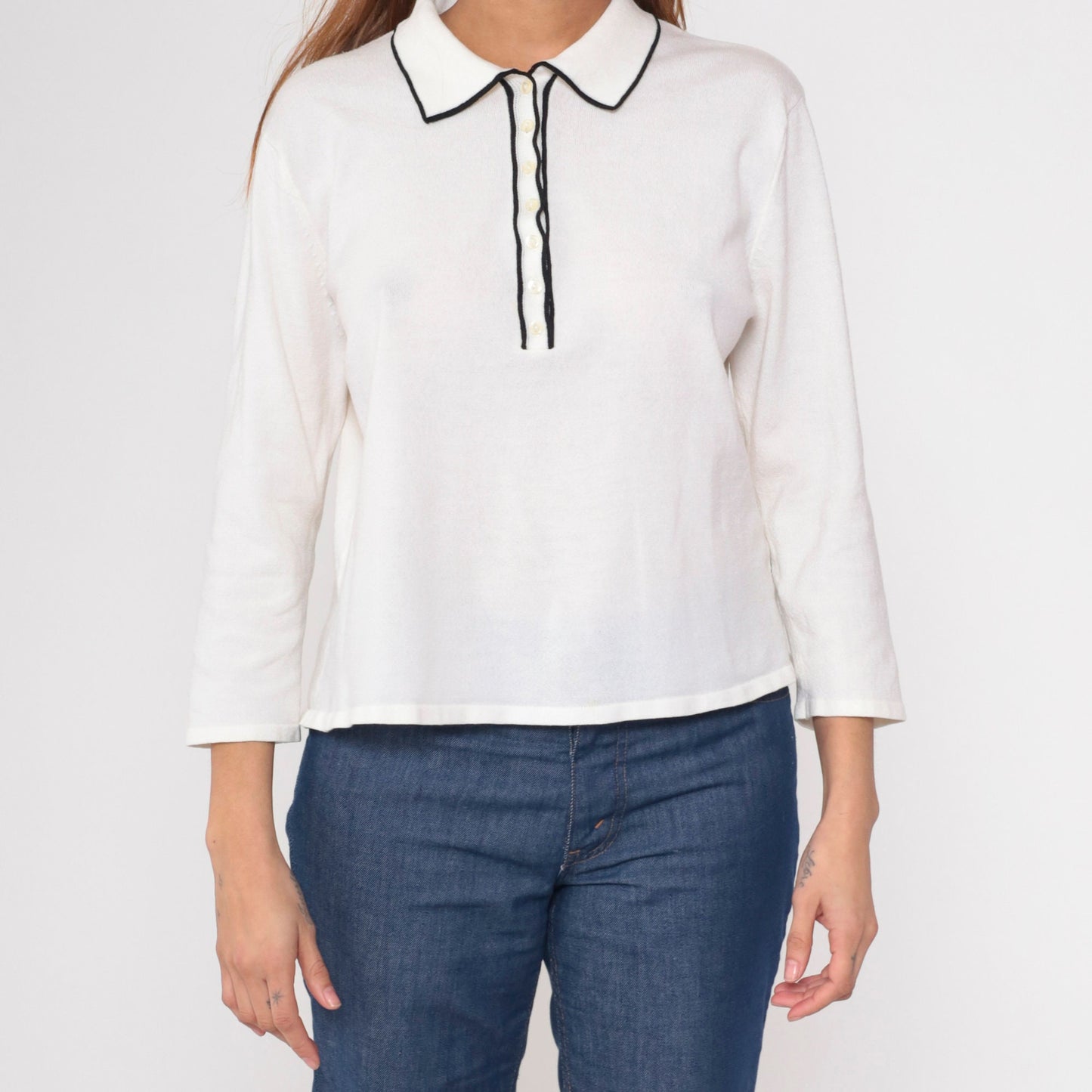 90s White Polo Sweater Black Trim Collared Knit Pullover Medium M