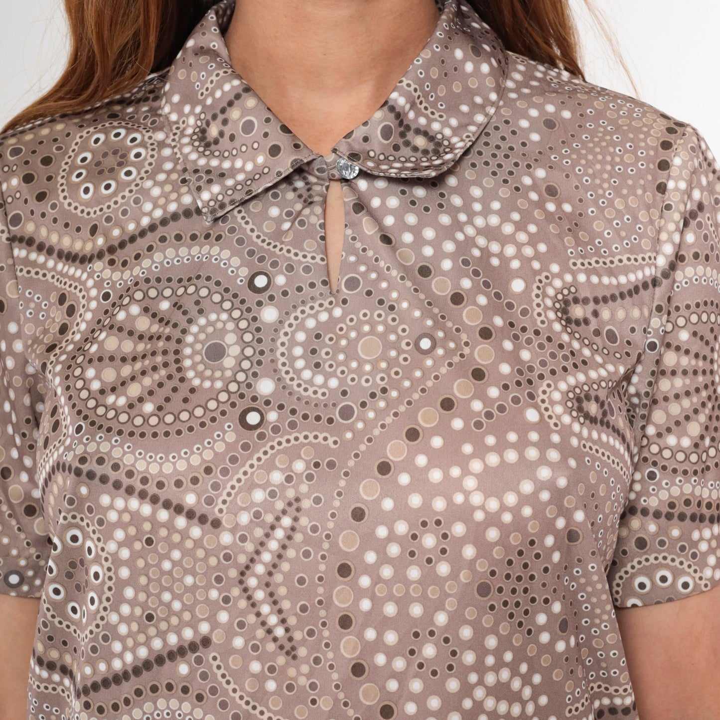 90s Blair Taupe Geometric Dot Blouse Keyhole Neck Short Sleeve Medium M