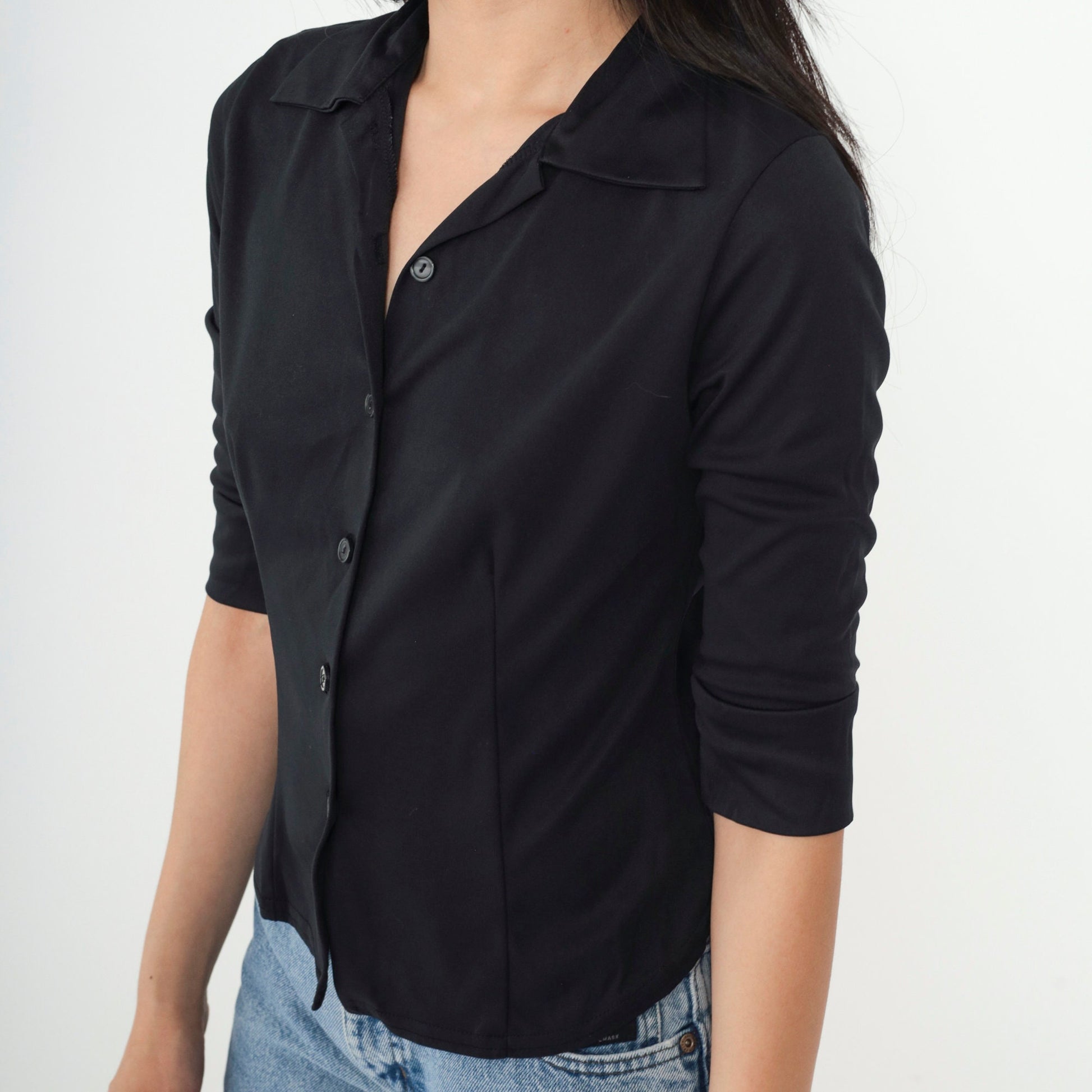 90s Black Button-Up Blouse Half Sleeve Collared Shirt Extra Small