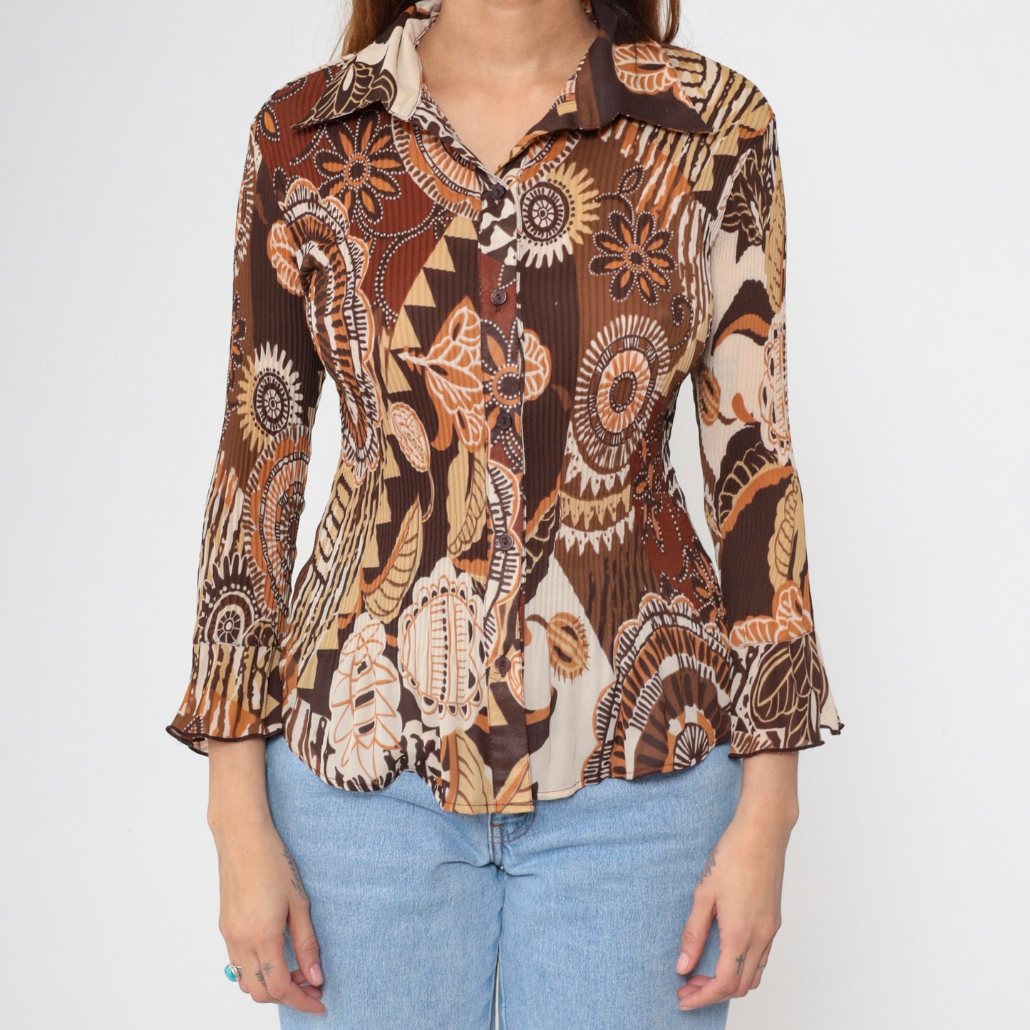 Y2K Brown Patchwork Geometric Floral Button-Up Blouse Bell Sleeve Medium