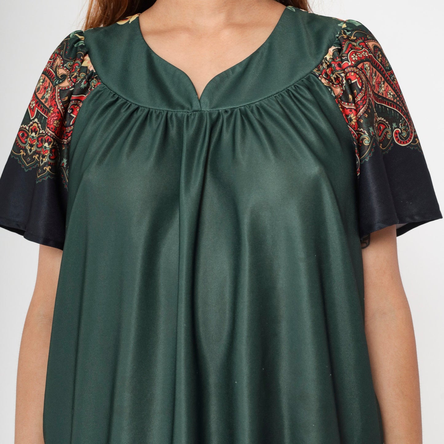 70s Dark Green Floral Paisley Tent Dress Midi Pockets Short Sleeve Extra Large