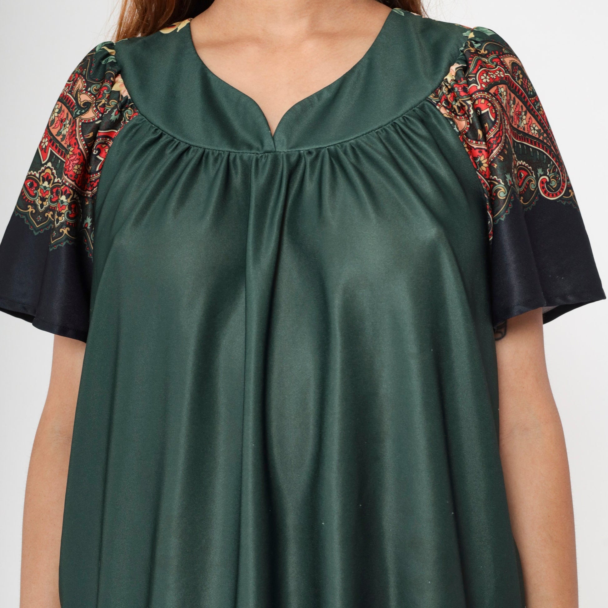 70s Dark Green Floral Paisley Tent Dress Midi Pockets Short Sleeve Extra Large