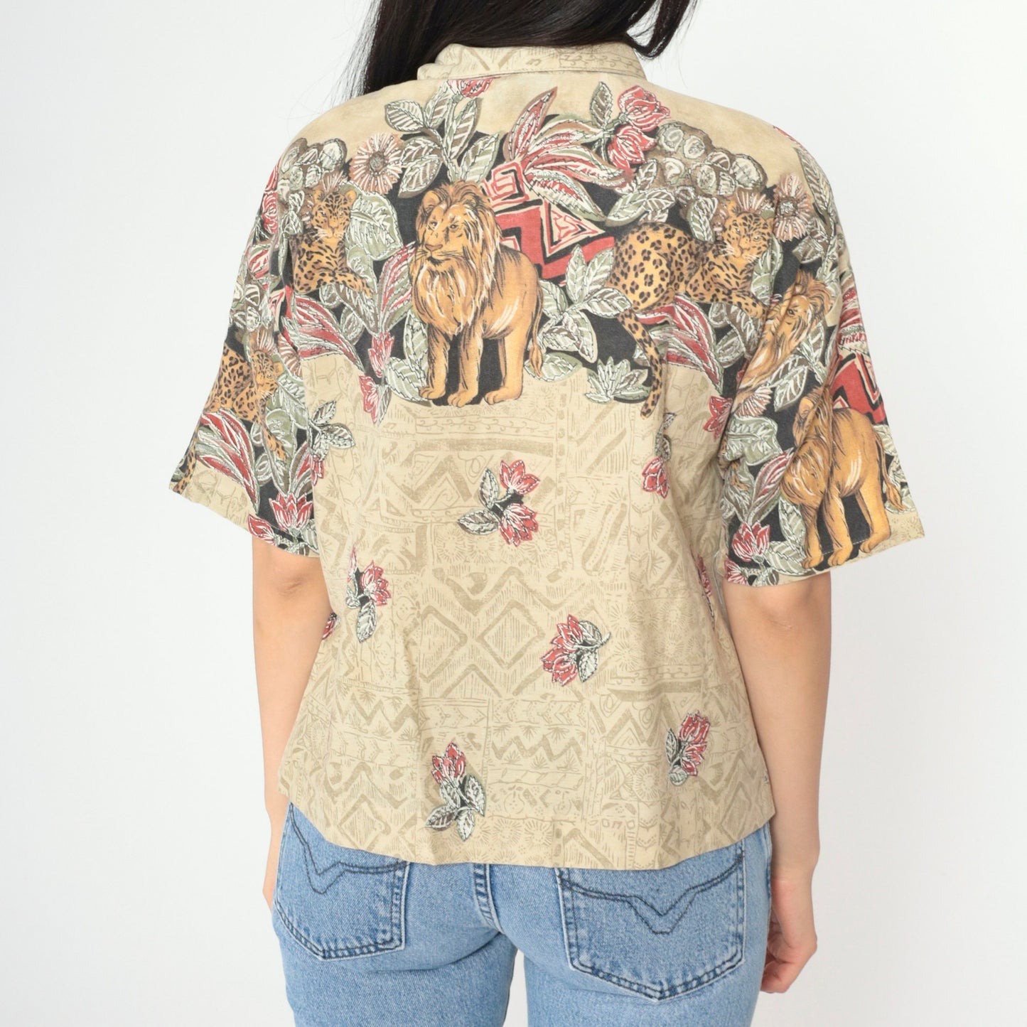 90s Safari Animal Print Button-Up Blouse Silver Glitter Lion Leopard Medium Large