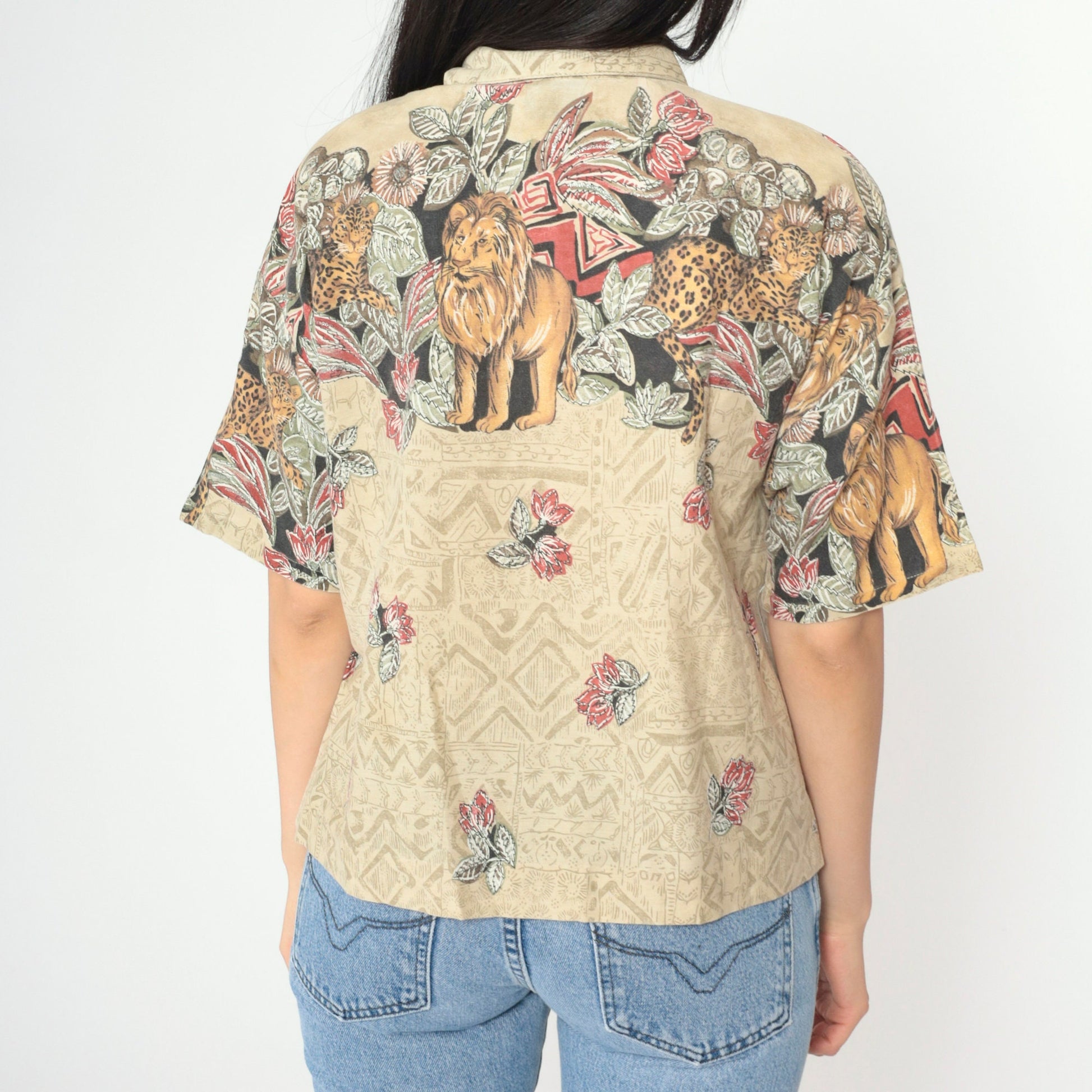 90s Safari Animal Print Button-Up Blouse Silver Glitter Lion Leopard Medium Large