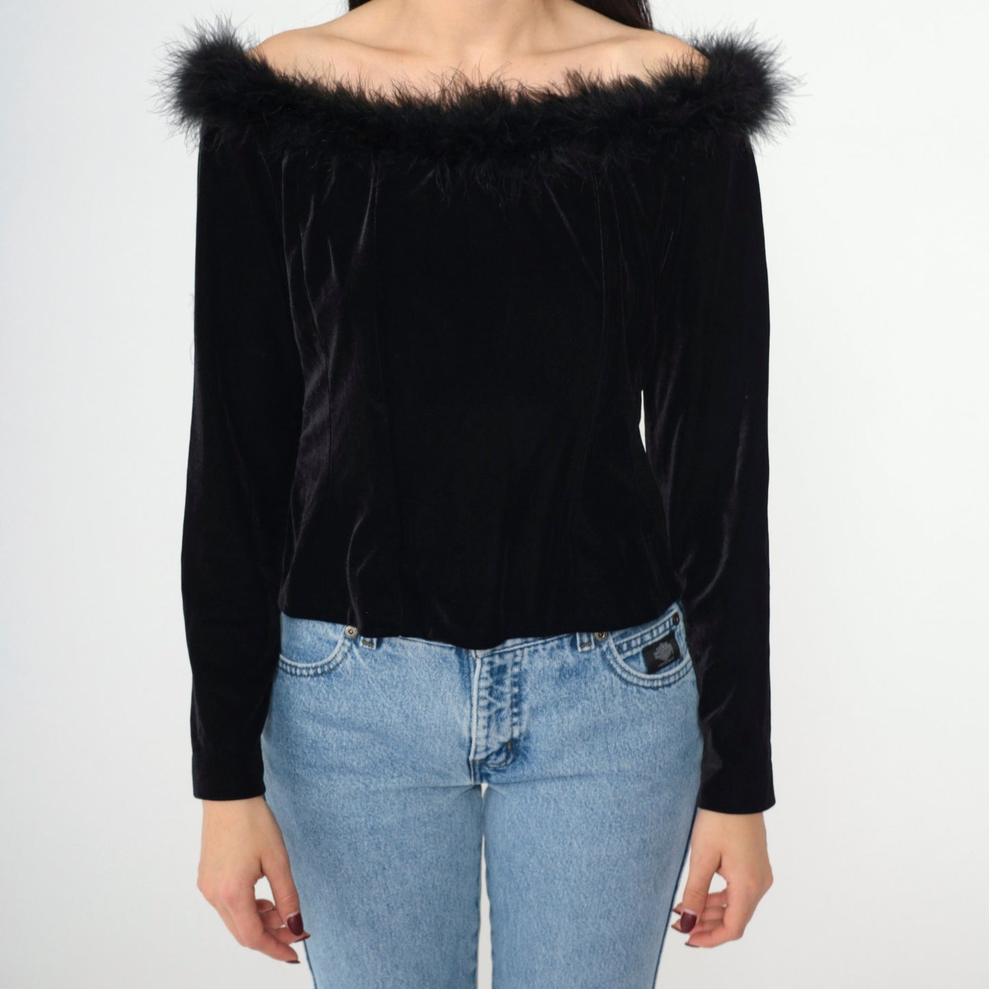 90s Alex Evenings Black Velvet Off-Shoulder Blouse Feather Trim Long Sleeve Large
