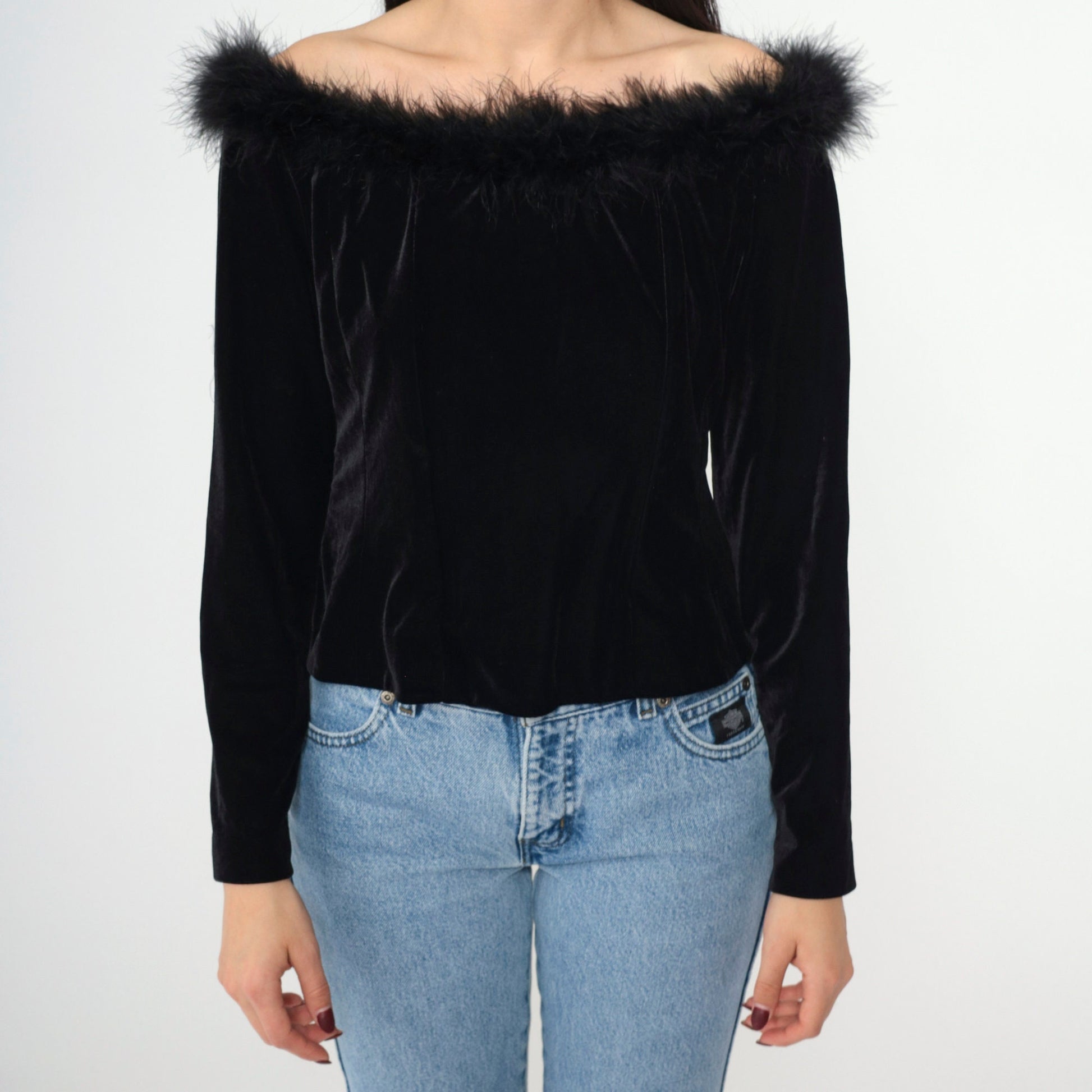 90s Alex Evenings Black Velvet Off-Shoulder Blouse Feather Trim Long Sleeve Large