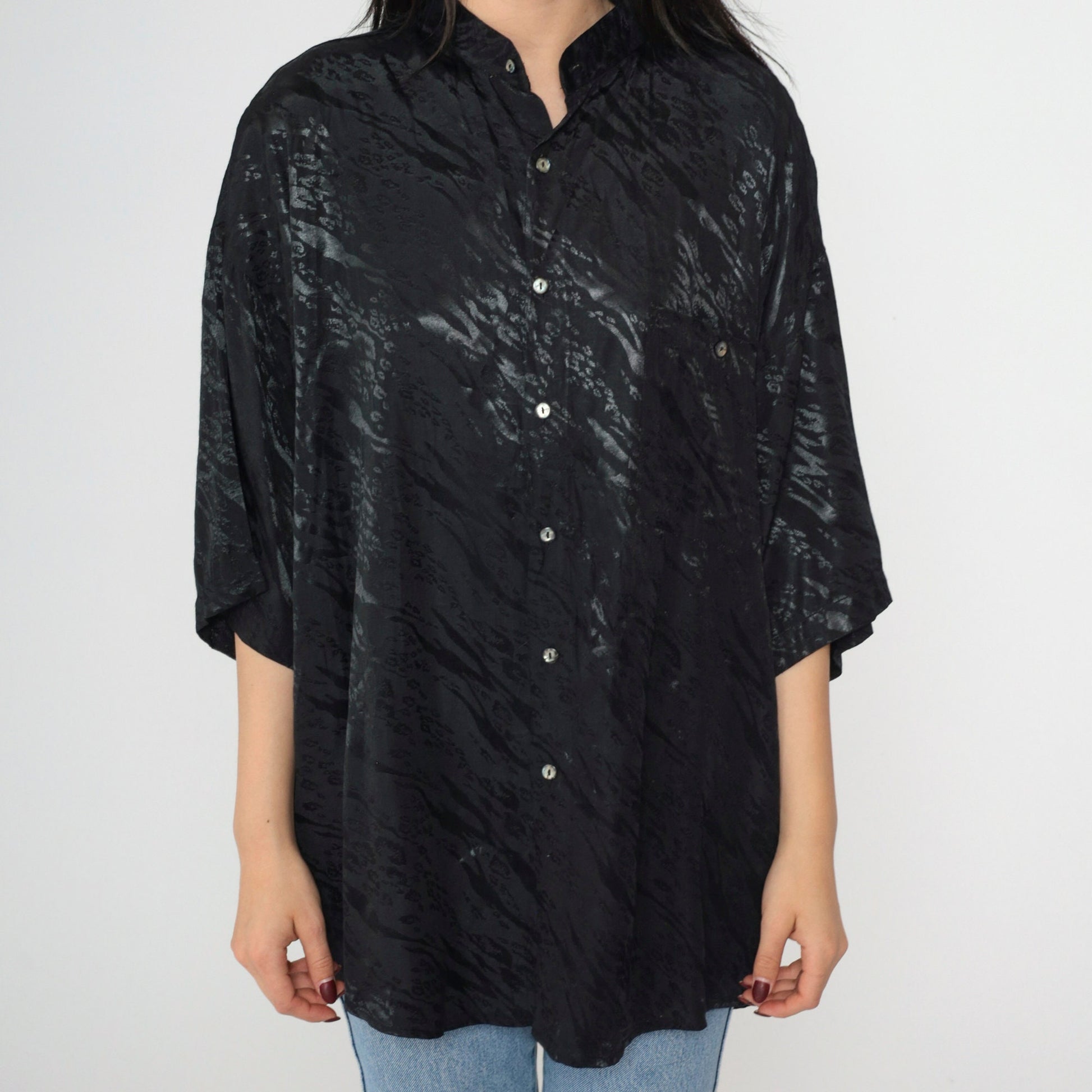 90s Animal Print Shiny Black Button-Up Shirt Zebra Leopard Stripe Large L
