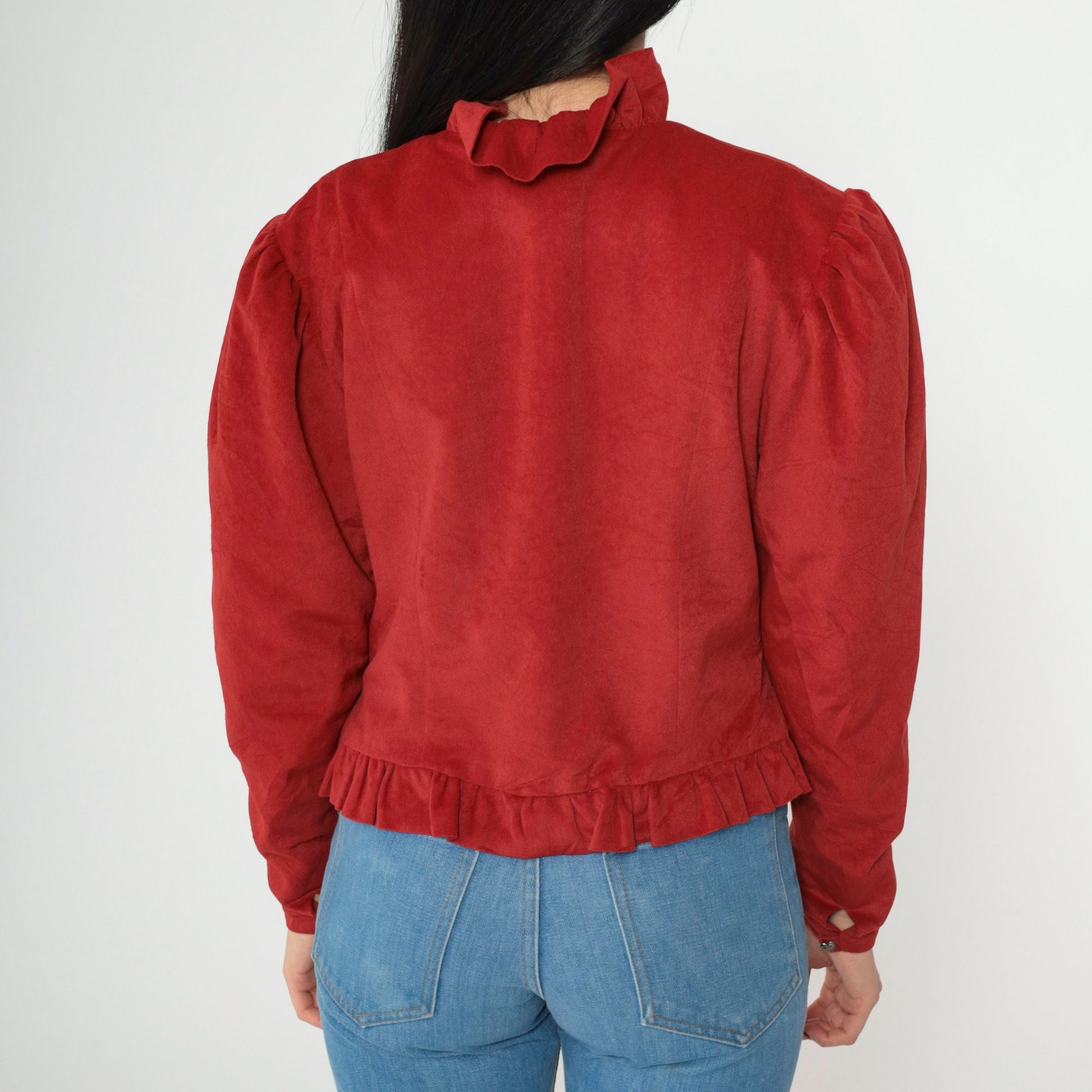 70s Red Velour Button-Up Blouse Puff Sleeve Ruffled Heart Medium