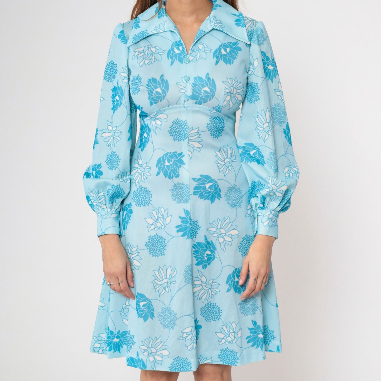 70s Blue Floral Mini Dress Empire Waist Dagger Collar Long Sleeve Small