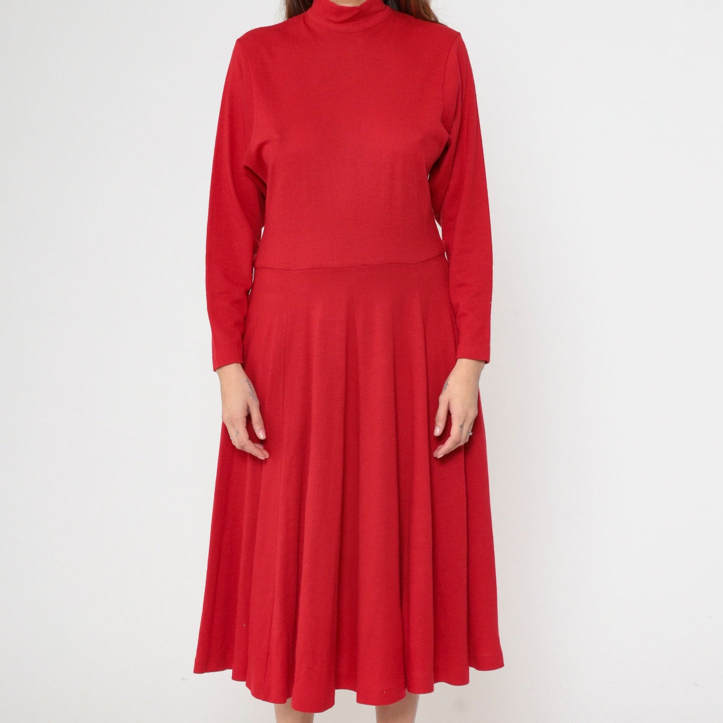 90s Karen Kane Red Wool Midi Dress Mock Neck Long Sleeve Small 4