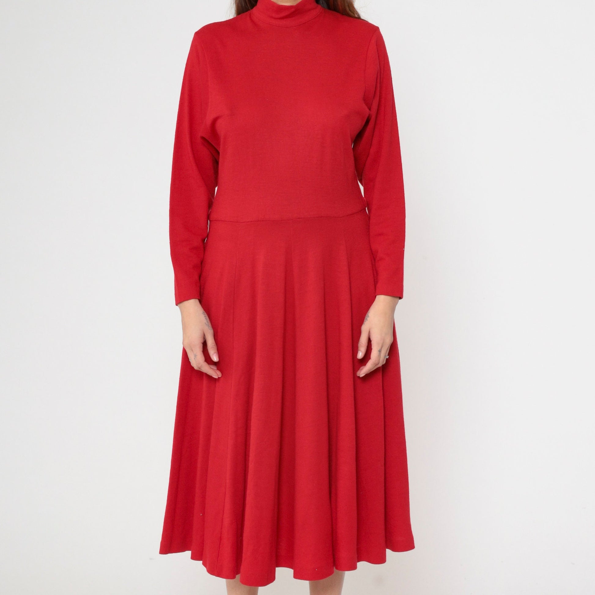 90s Karen Kane Red Wool Midi Dress Mock Neck Long Sleeve Small 4