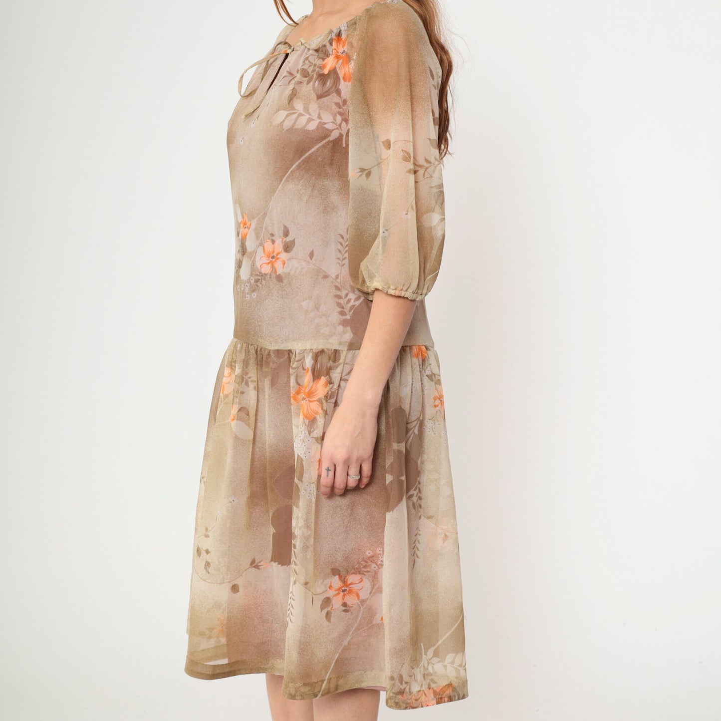 70s Brown Floral Midi Dress Keyhole Bow Neckline Drop Waist Medium