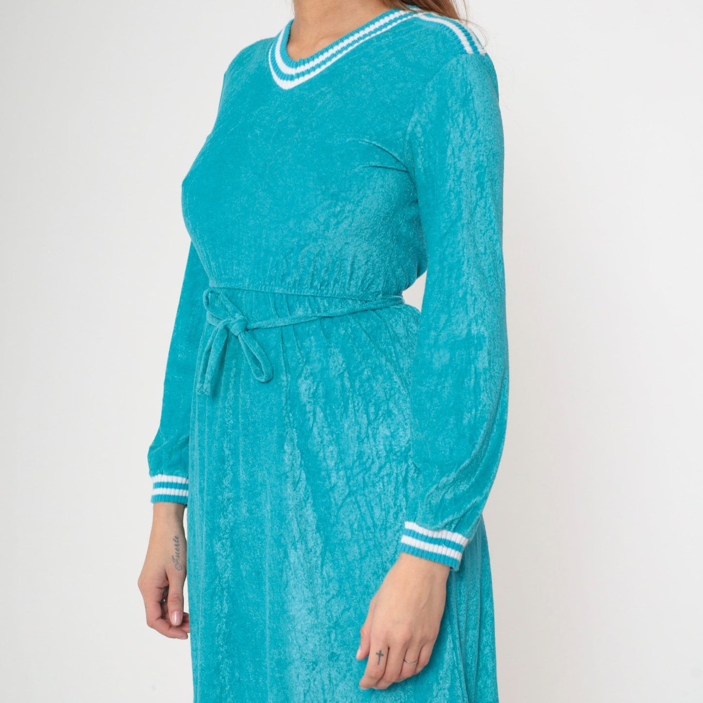 70s Turquoise Terry Cloth Mini Dress V-Neck Long Sleeve Elastic Waist Extra Small