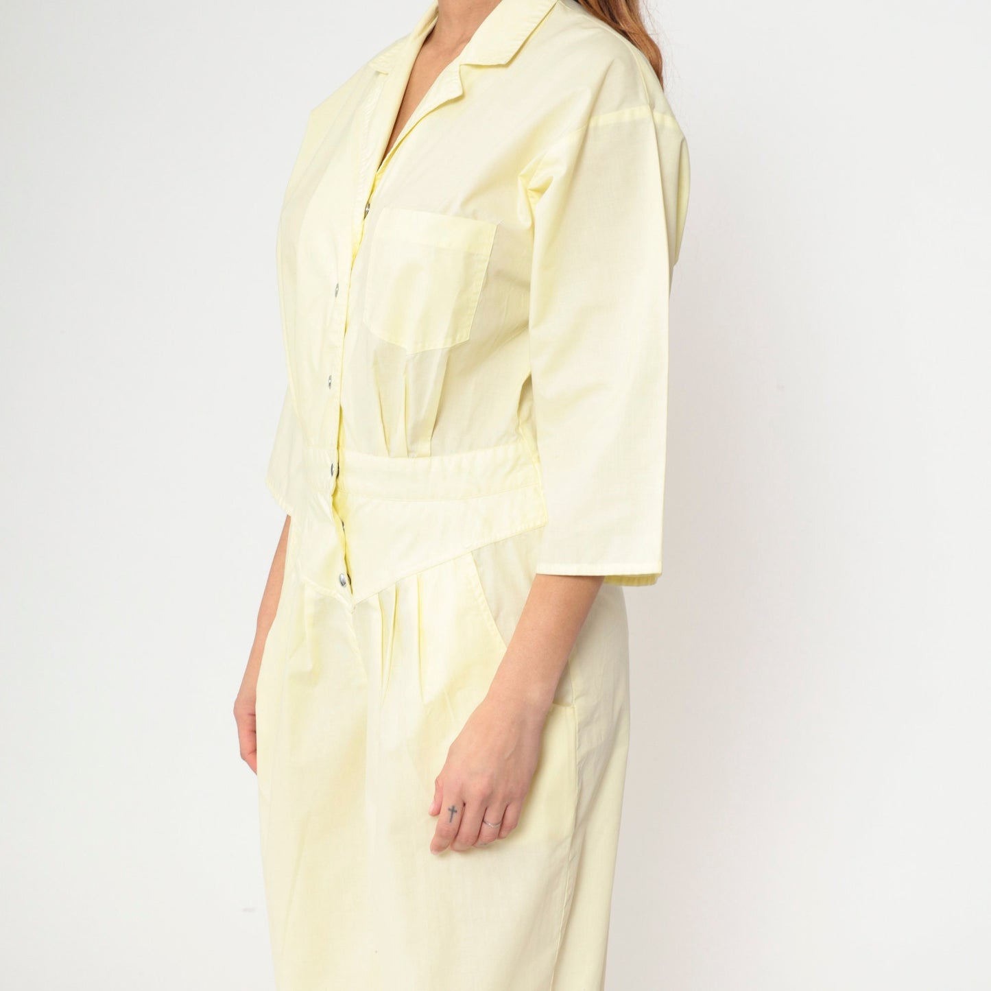 80s Yellow Jumpsuit Snap Button Tapered Leg Basque Waist Chest Pocket Medium