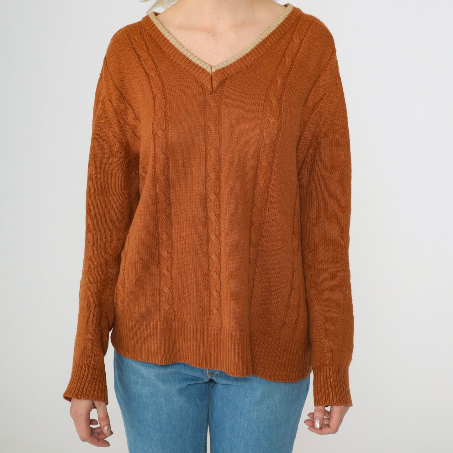 70s Van Cortt Cable Knit V-Neck Sweater Burnt Orange Pullover Large