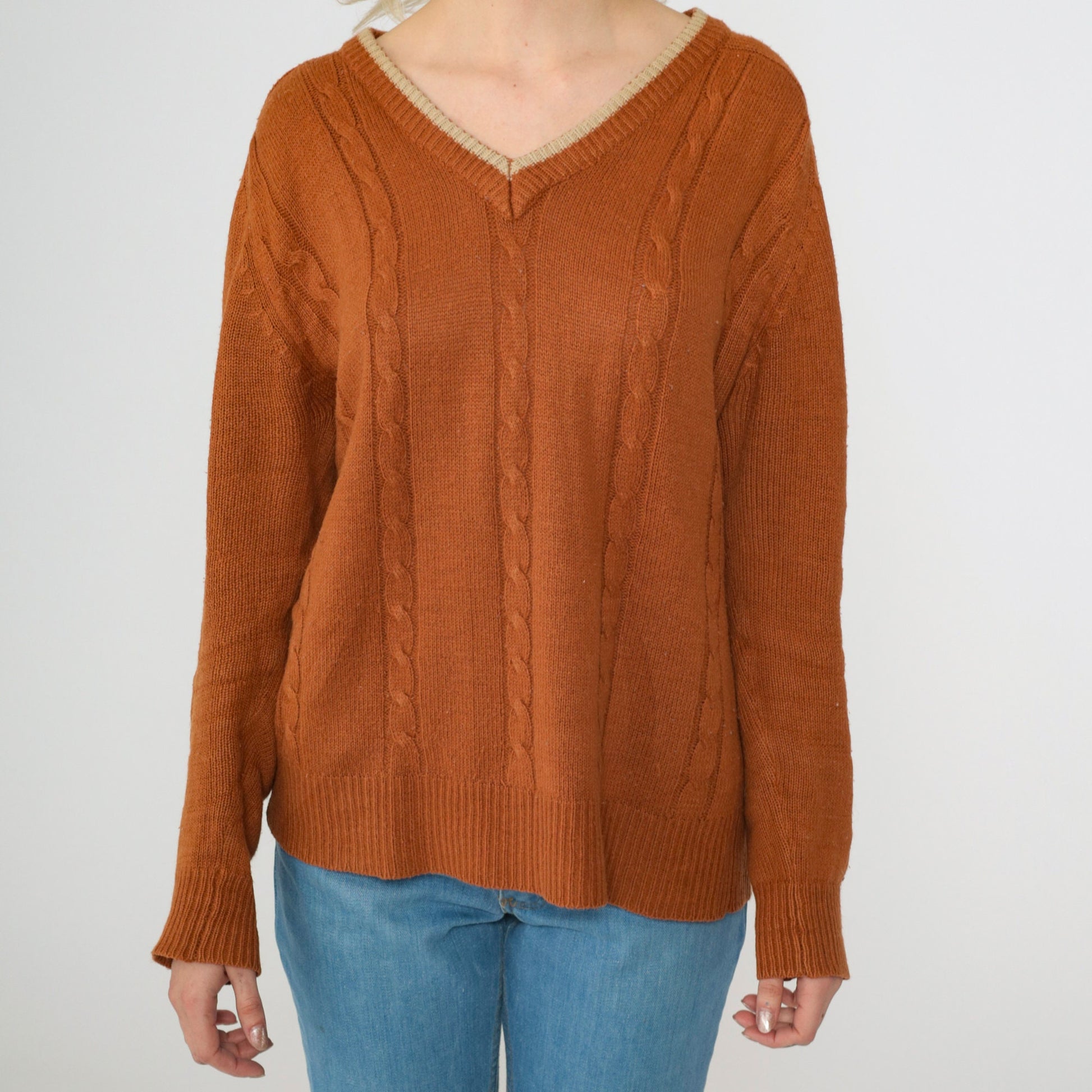 70s Van Cortt Cable Knit V-Neck Sweater Burnt Orange Pullover Large