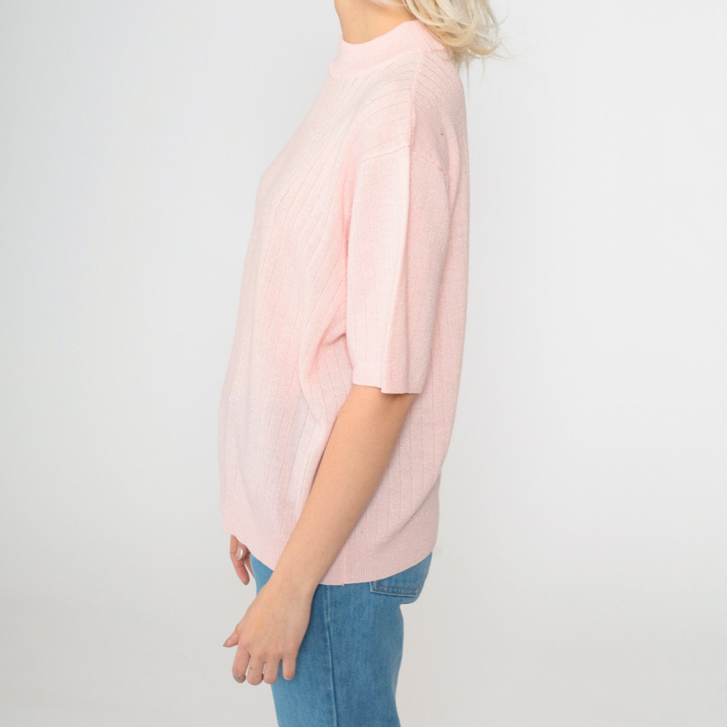 90s Sag Harbor Pink Metallic Knit Sweater Mock Neck Short Sleeve Extra Large XXL
