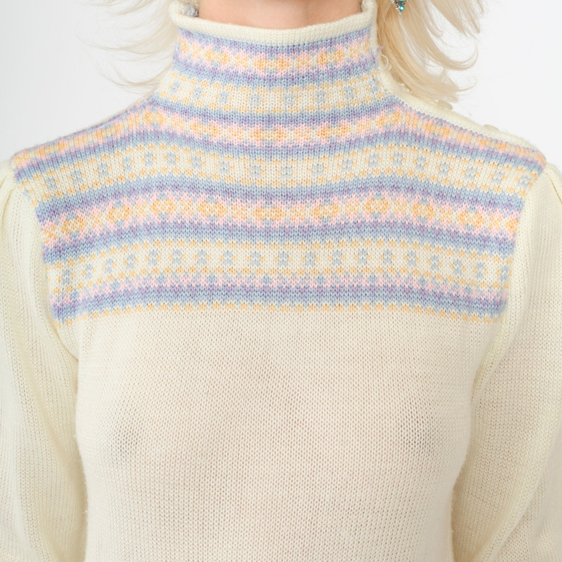 80s Fair Isle Sweater Ivory Puff Sleeve High Neck Knit Pullover Extra Small