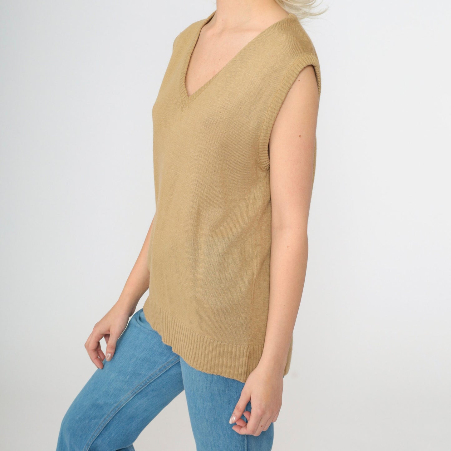 70s Tan Knit Sweater Vest V-Neck Sleeveless Tank Top Medium