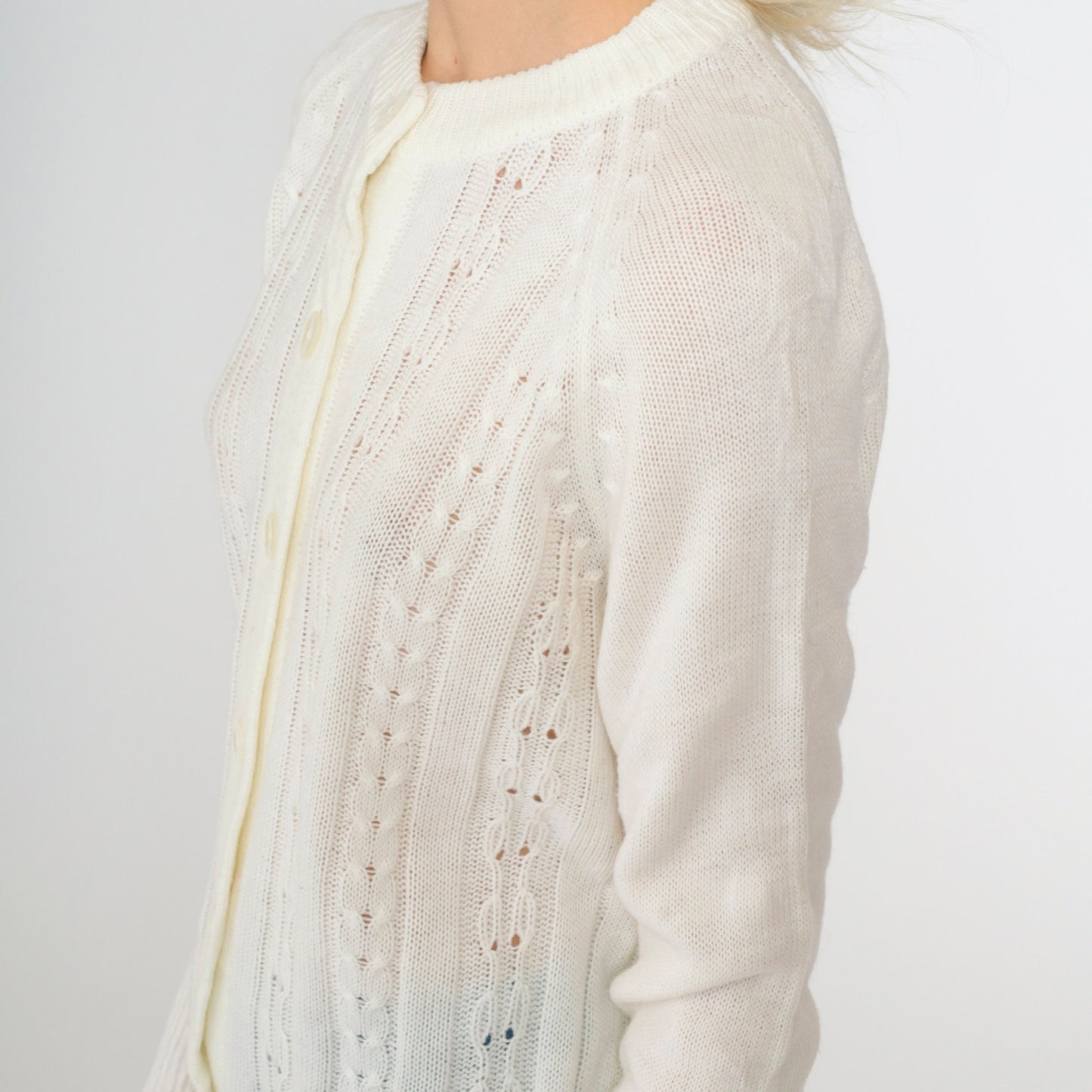 70s White Pointelle Cardigan Open Weave Knit Button Up Raglan Medium