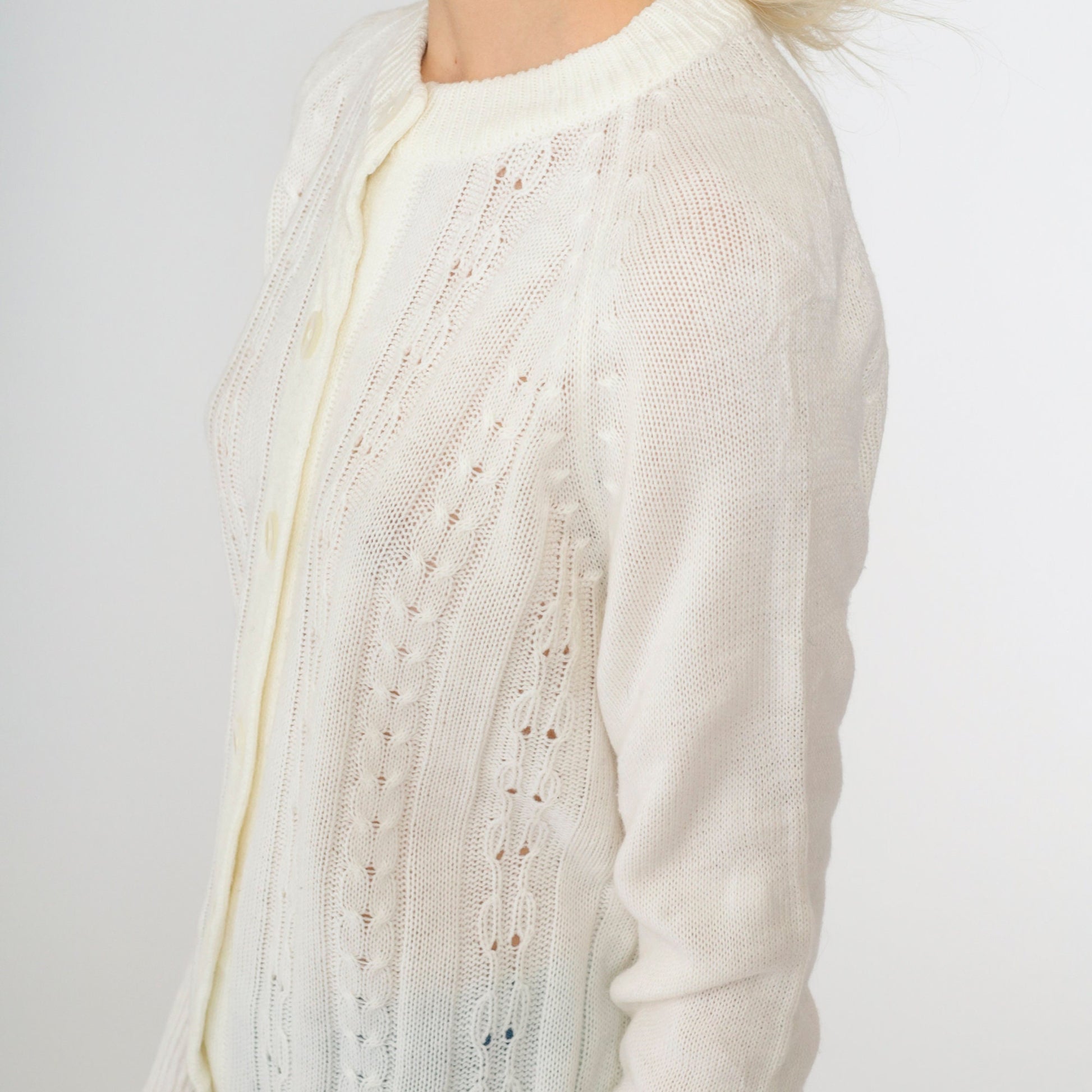 70s White Pointelle Cardigan Open Weave Knit Button Up Raglan Medium