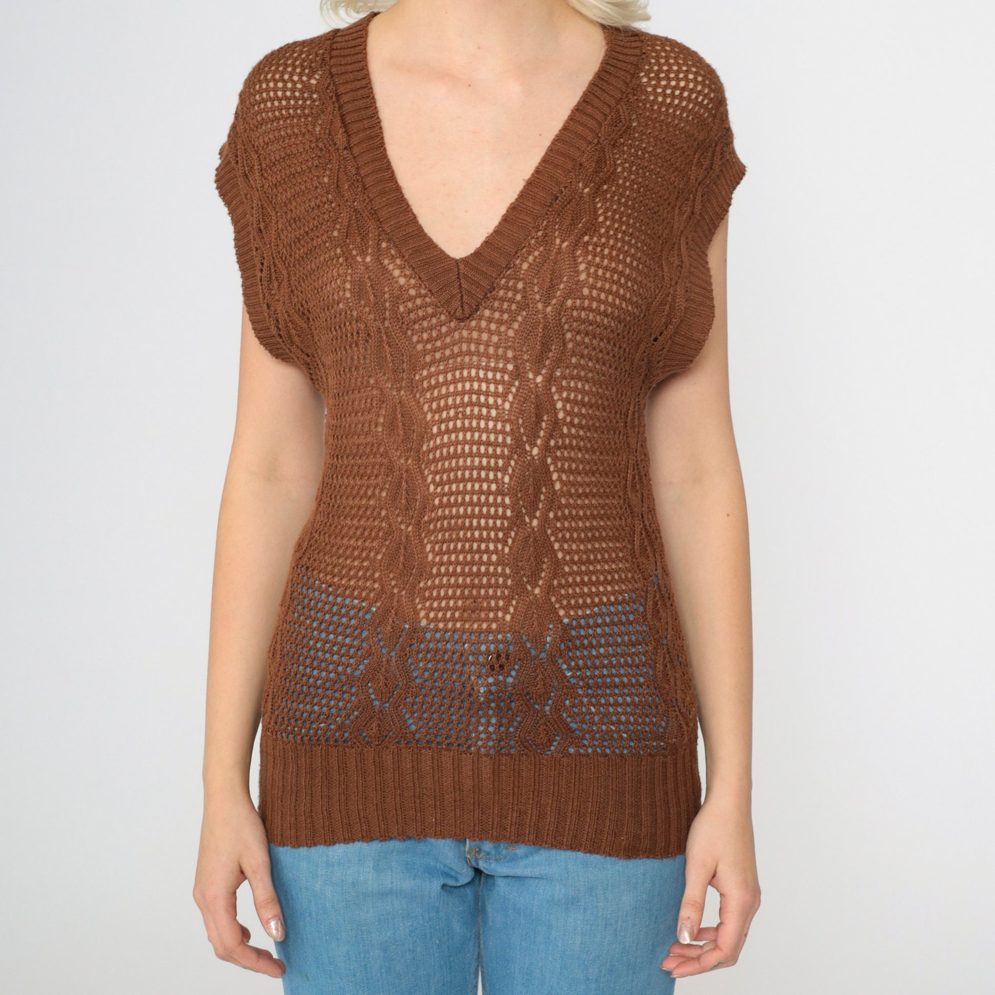80s Brown Sheer Knit Sweater Vest V-Neck Cap Sleeve Extra Small