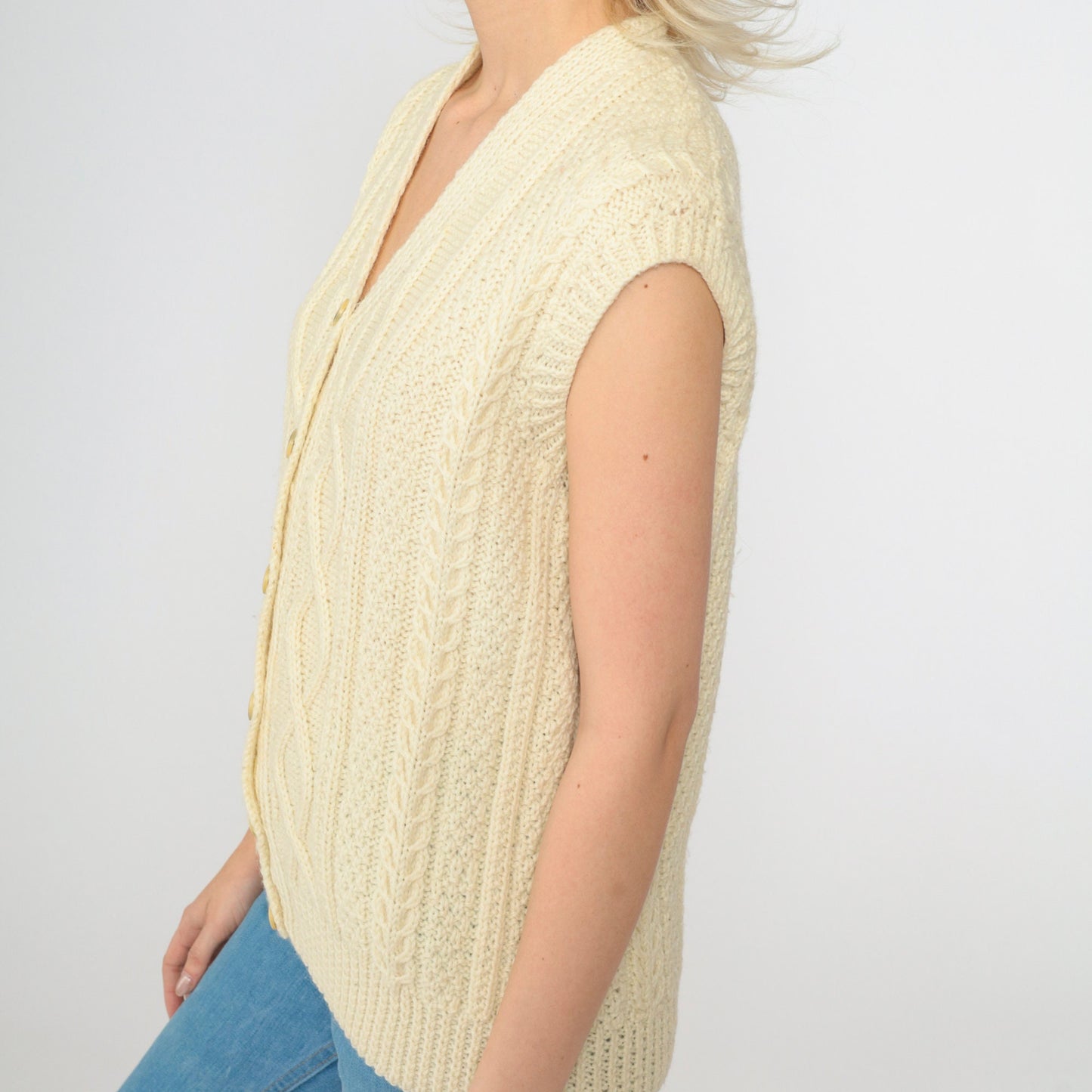 70s Cream Cable Knit Sweater Vest V Neck Button Front Wool Blend Small
