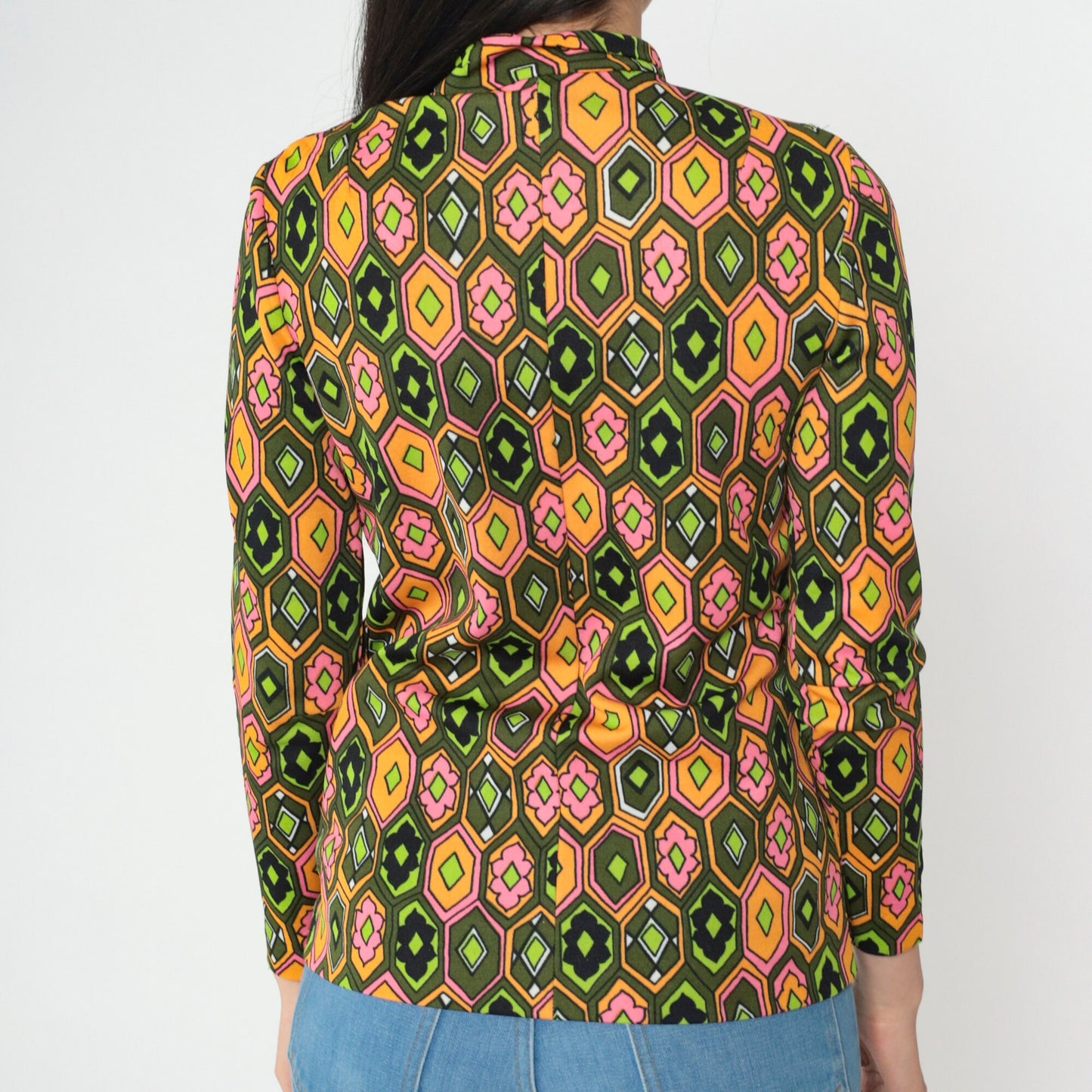 70s Psychedelic Floral Blouse Mandarin Collar Olive Green Pink Orange Small