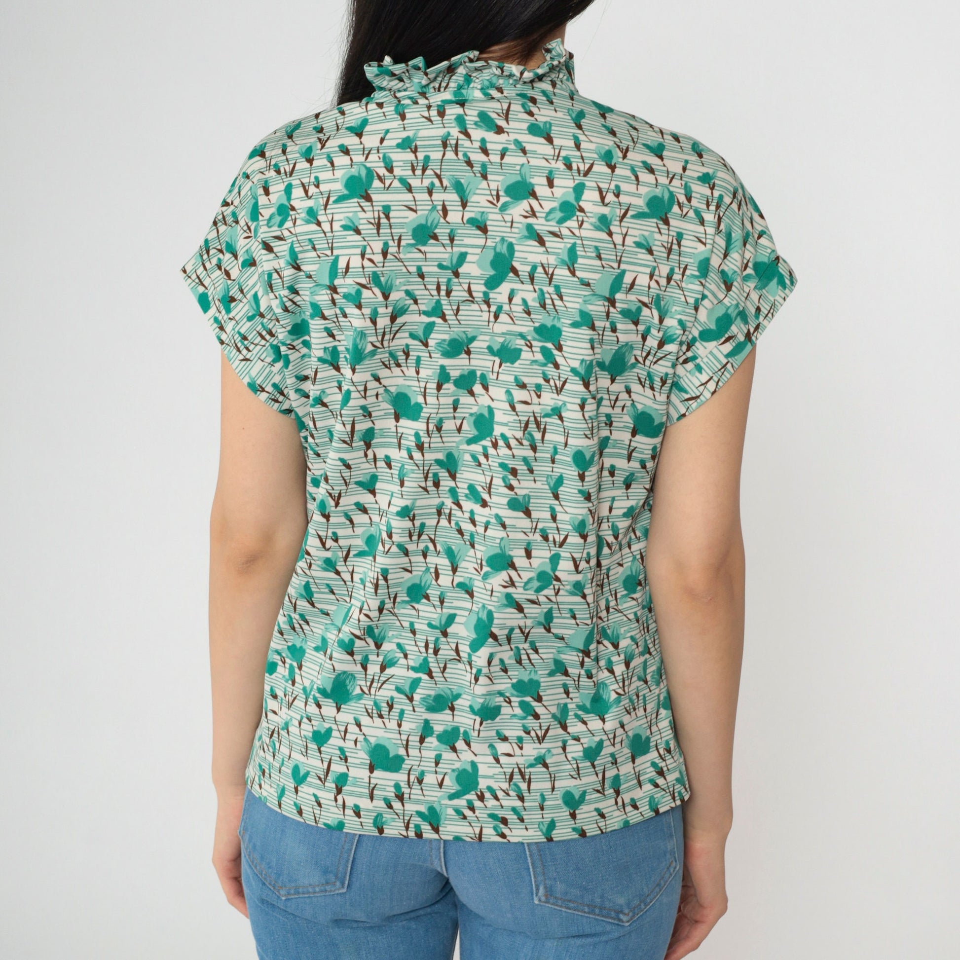 70s Graff Floral Striped Blouse Green Cap Sleeve V Neck Ruffled Small