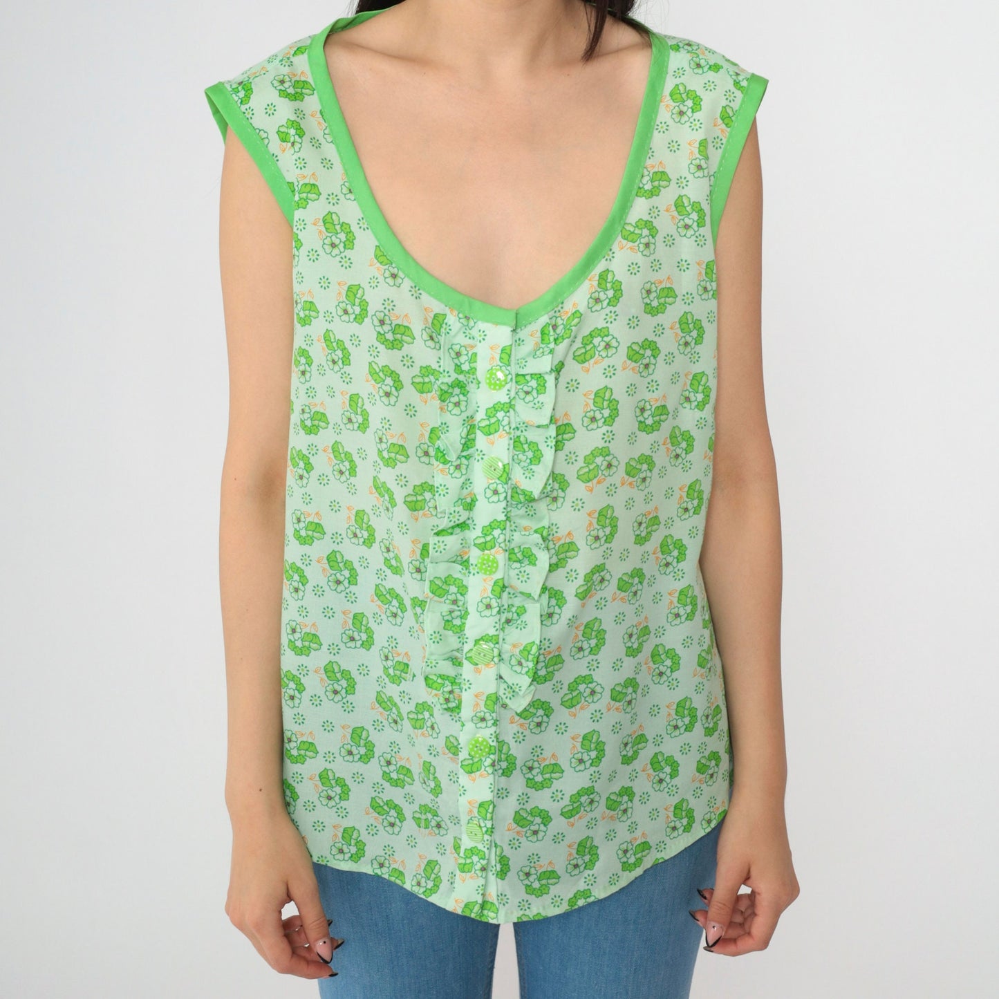 70s Floral Green Tank Top Button-Up Ruffled Sleeveless Blouse Extra Large XL