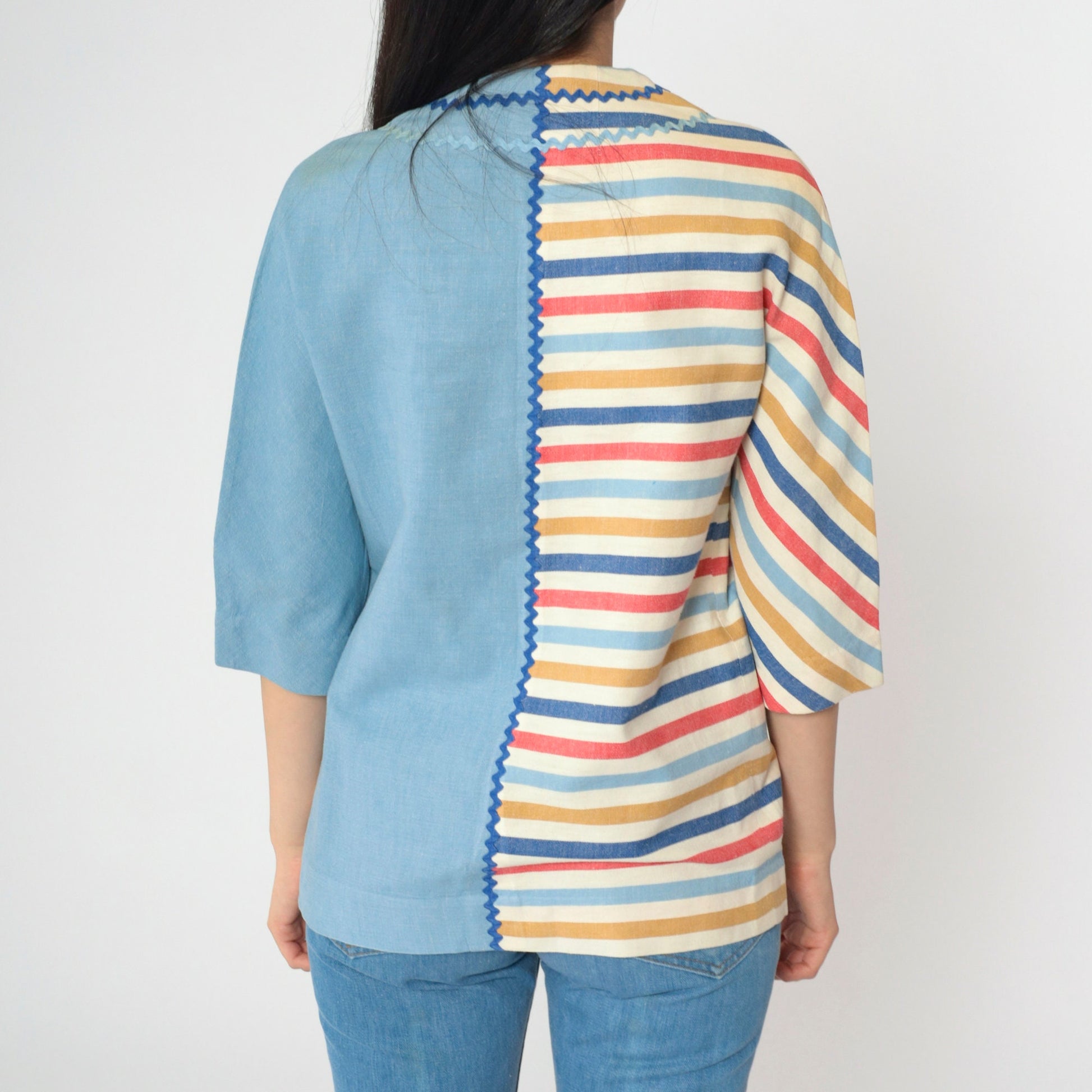 60s Striped Button-Up Blouse Blue Multicolor Rickrack Trim Pocket Small S