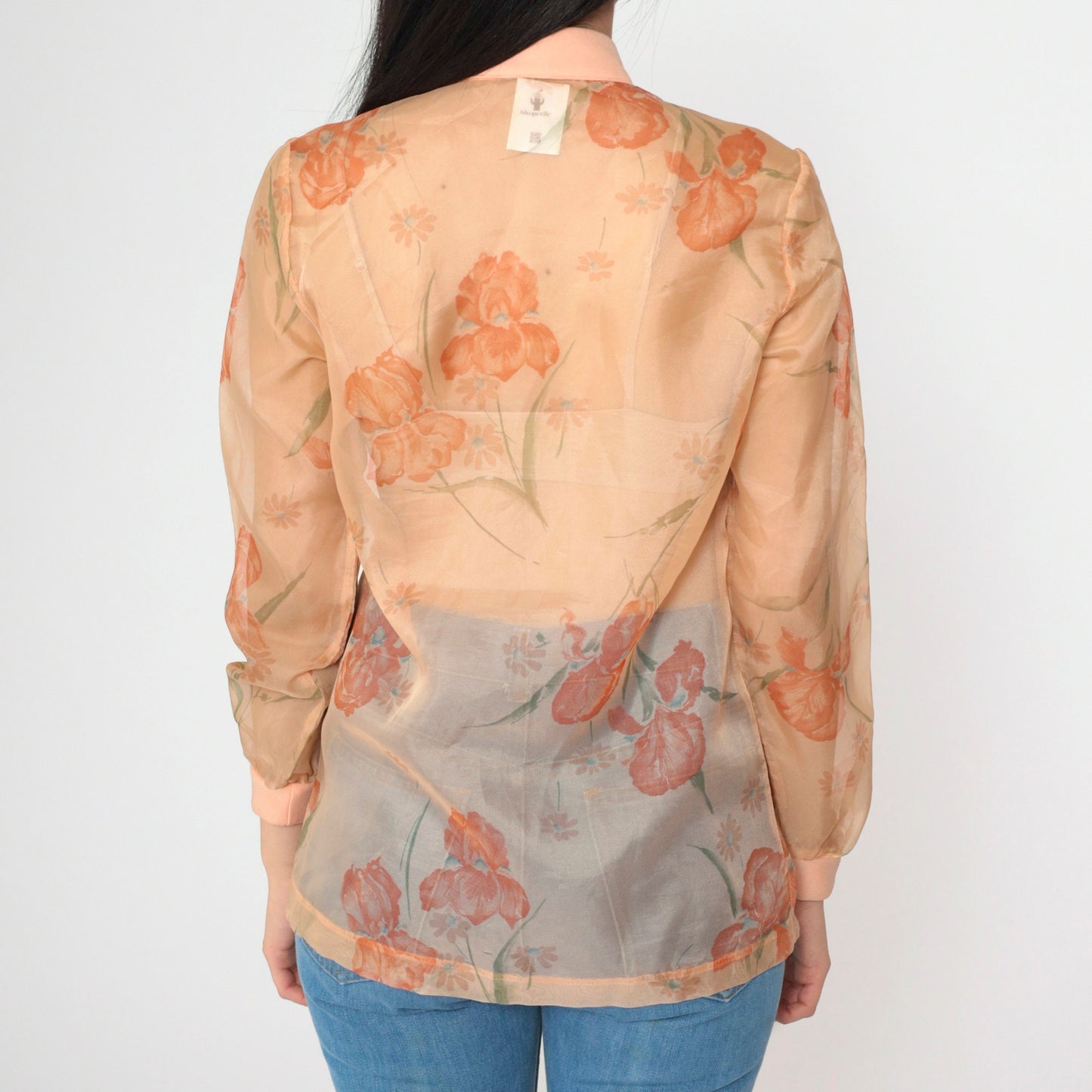 70s Sheer Floral Open Front Jacket Orange Tie Neck Medium