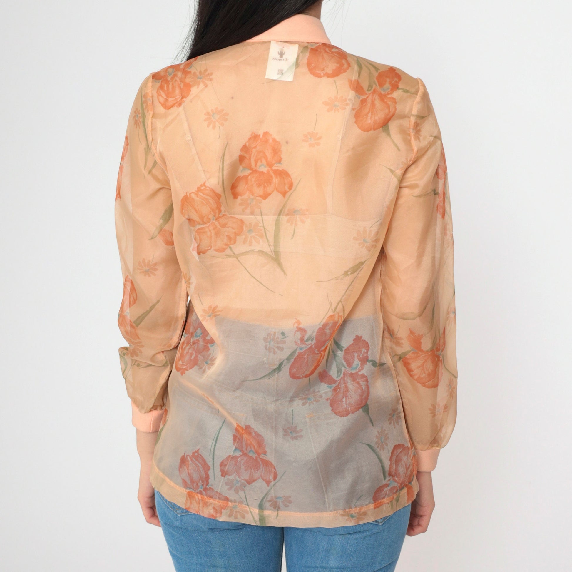 70s Sheer Floral Open Front Jacket Orange Tie Neck Medium
