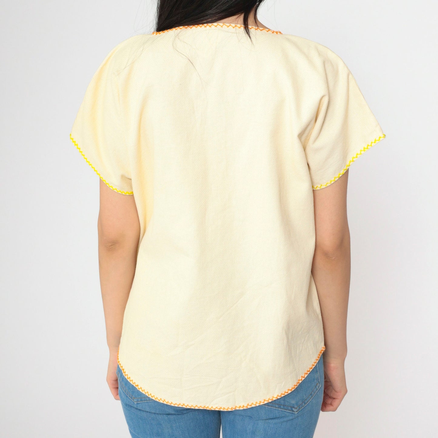 90s Cream Floral Embroidered Blouse Butterfly Cross Stitch Scoop Neck Medium