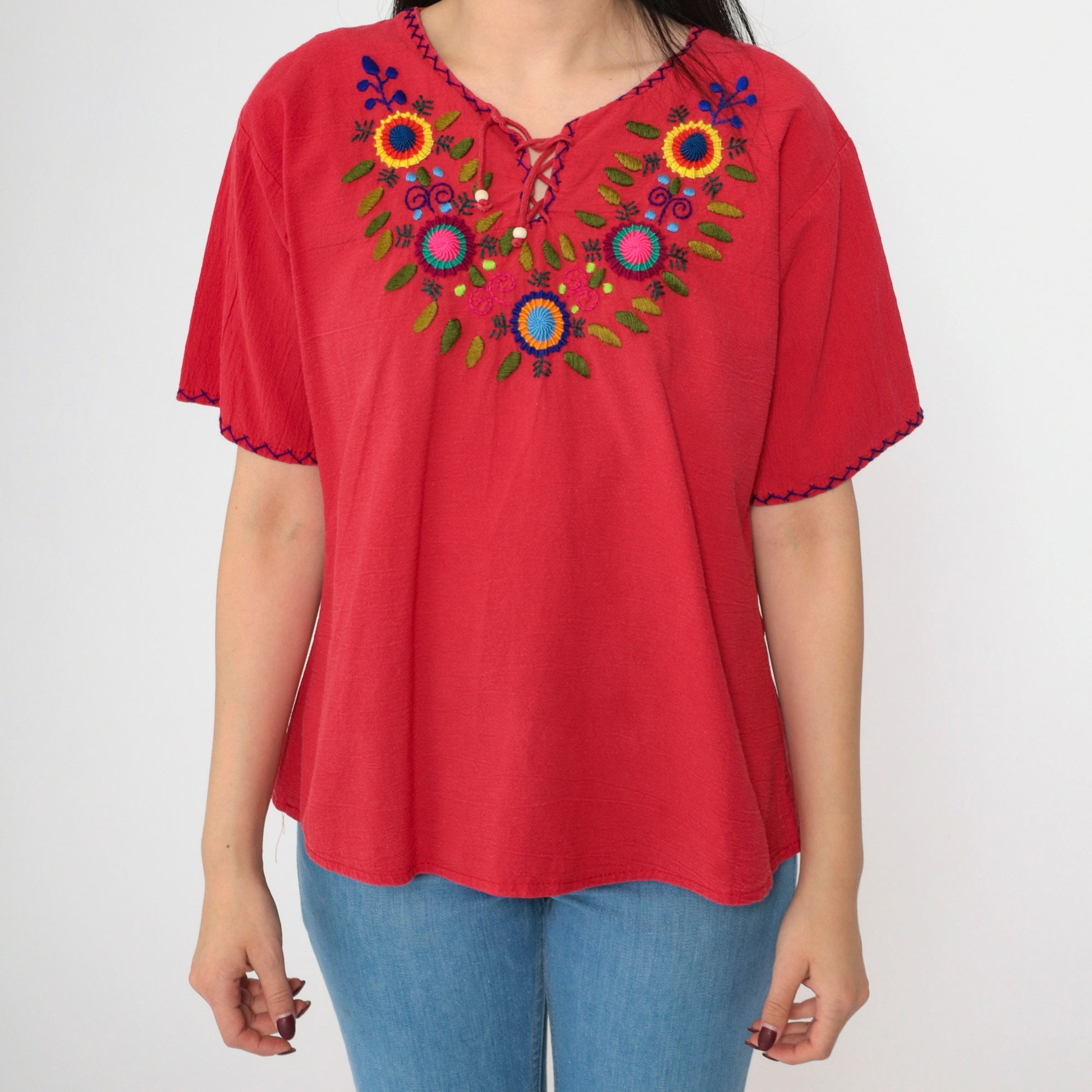 90s Red Floral Embroidered Mexican Blouse Lace-Up Short Sleeve Small Medium