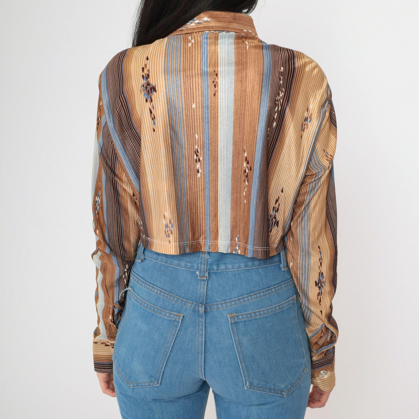 70s Striped Raindrop Print Crop Blouse Button-Up Long Sleeve Brown Green Small