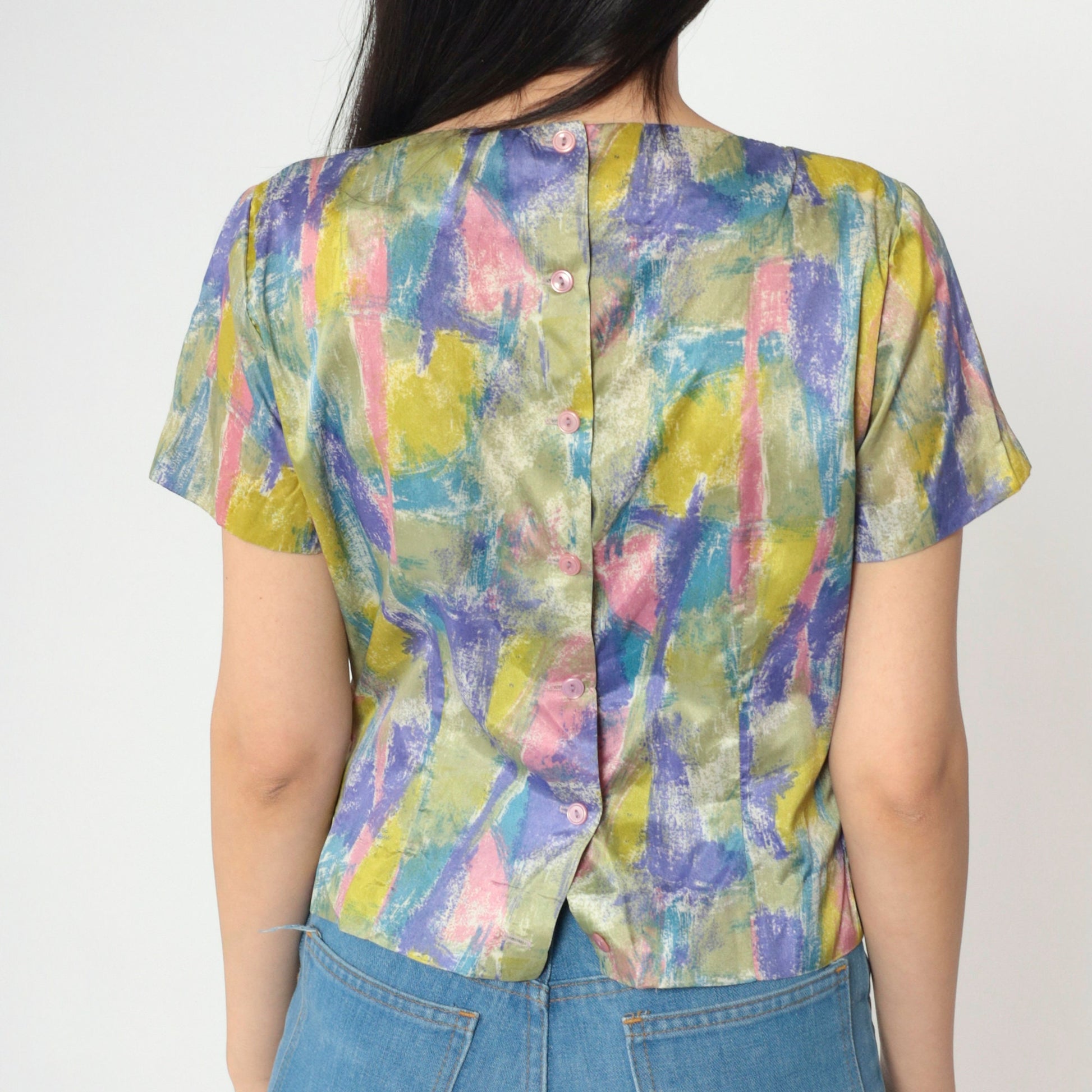 60s Judy Bond Abstract Brushstroke Blouse Multicolor Button Back Small