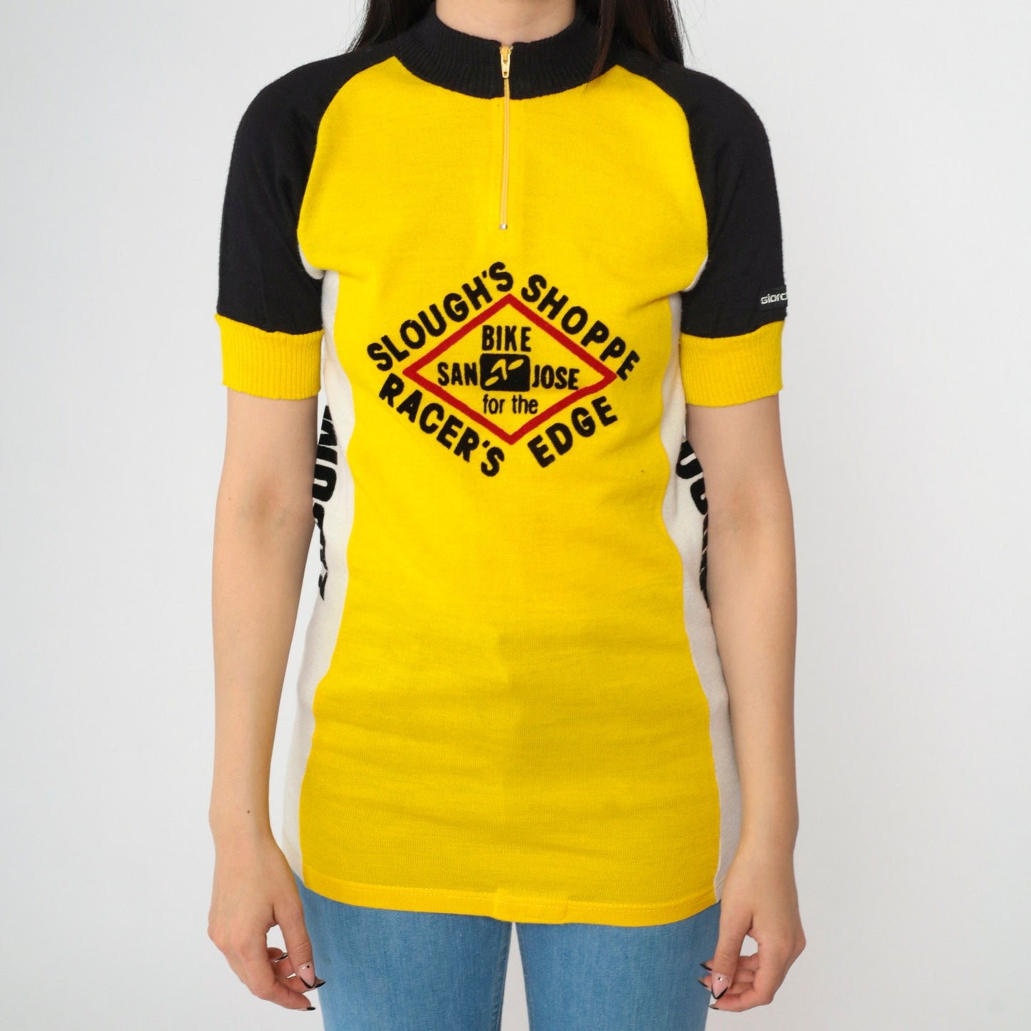 80s Giordana Sport Cycling Jersey Yellow Black Wool Blend Half-Zip Small
