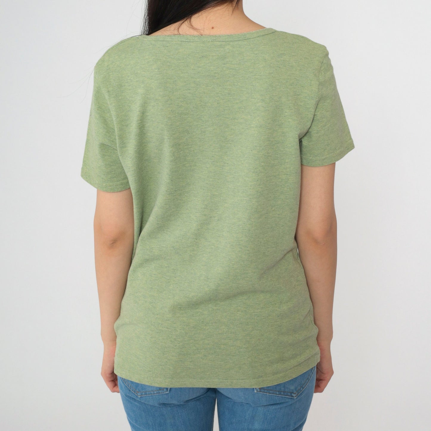 Y2K Leaf Embroidered T-Shirt Green Split Neck Short Sleeve Small S