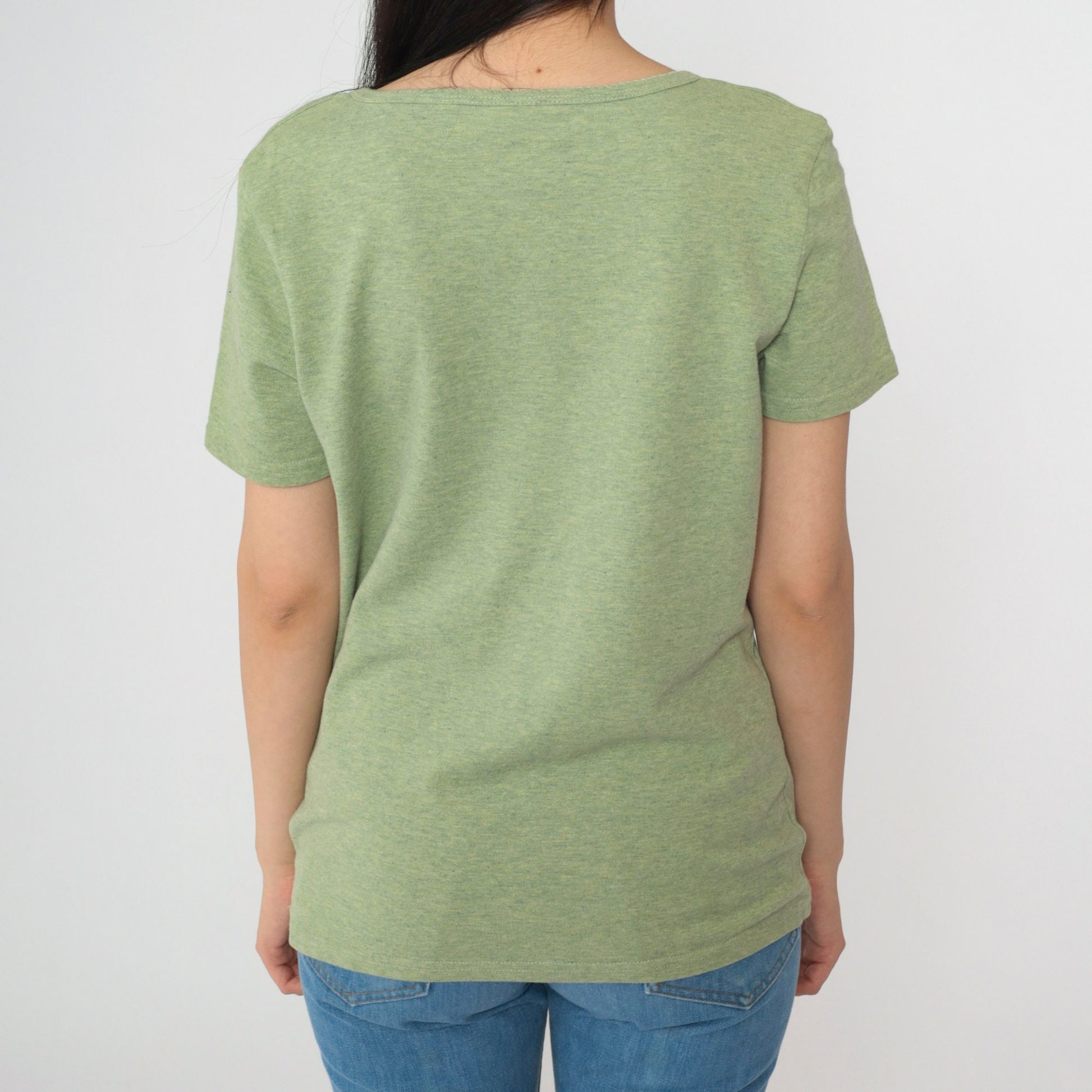 Y2K Leaf Embroidered T-Shirt Green Split Neck Short Sleeve Small S